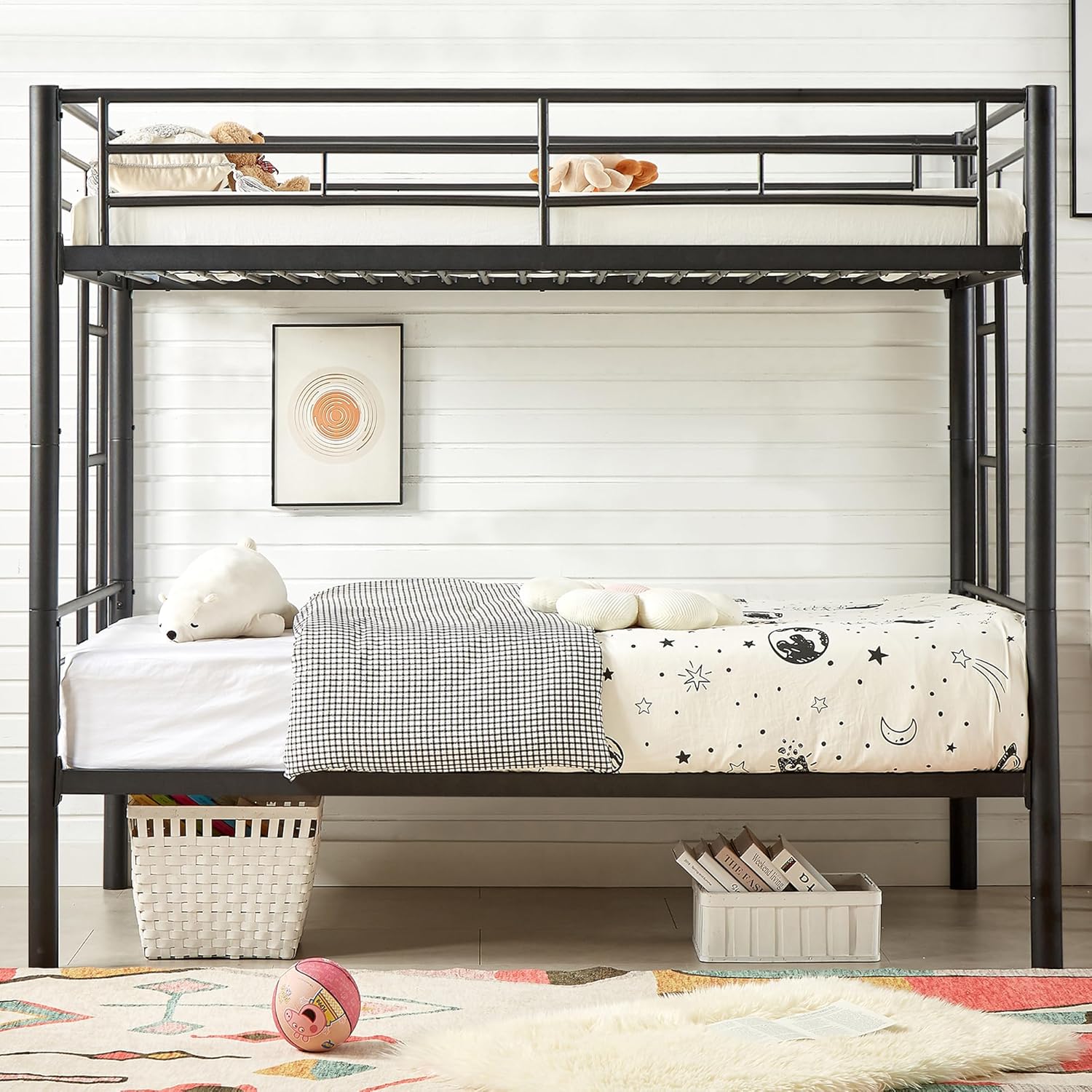 VECELO Metal Bunk Bed Twin Over Twin, Industrial Bunkbeds with Ladder and Full-Length Guardrail