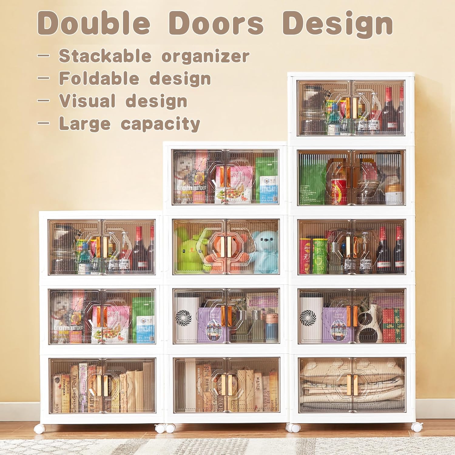 VECELO 16 Gal Stackable Storage Bins with Lid, 3/4/5 Pack Plastic Collapsible Storage Cabinet - VECELO