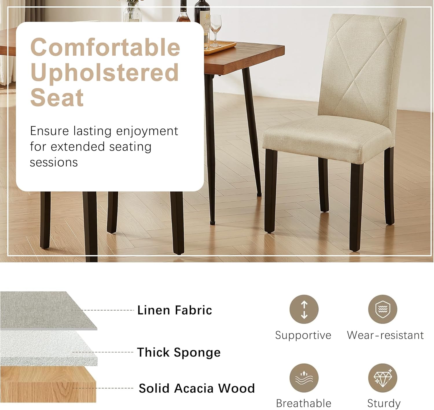 VECELO Upholstered Dining Chairs Set of 2 Modern Fabric and High Back & Solid Wood Legs for Kitchen