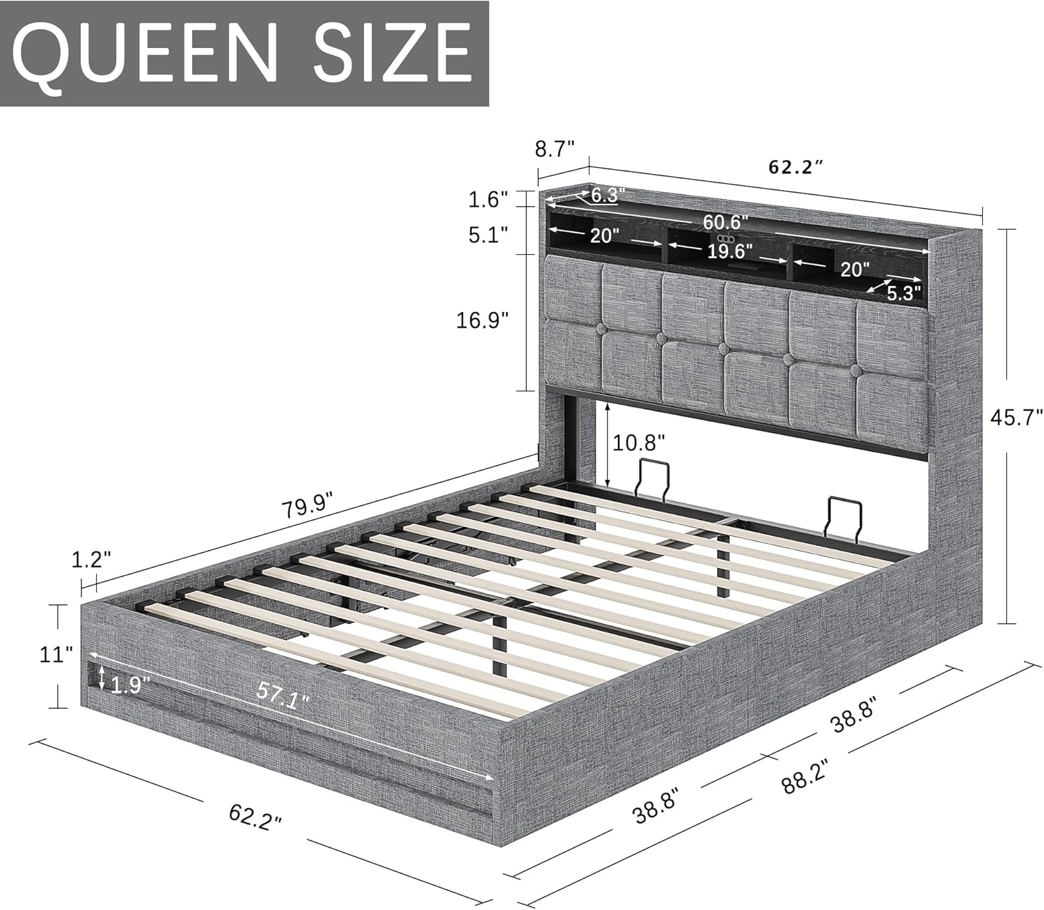 VECELO Lift Up Storage Bed, Upholstered Platform Bed Frame with Smart LED Lights and USB Charging Station