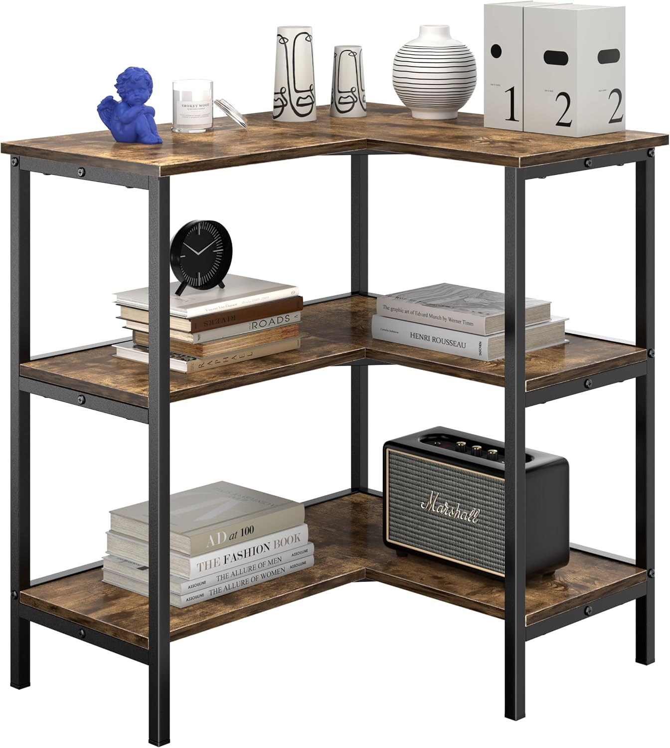 VECELO Corner Cabinet Table with 3 Tier Open Shelf, Multipurpose Display Organizer Storage Stand