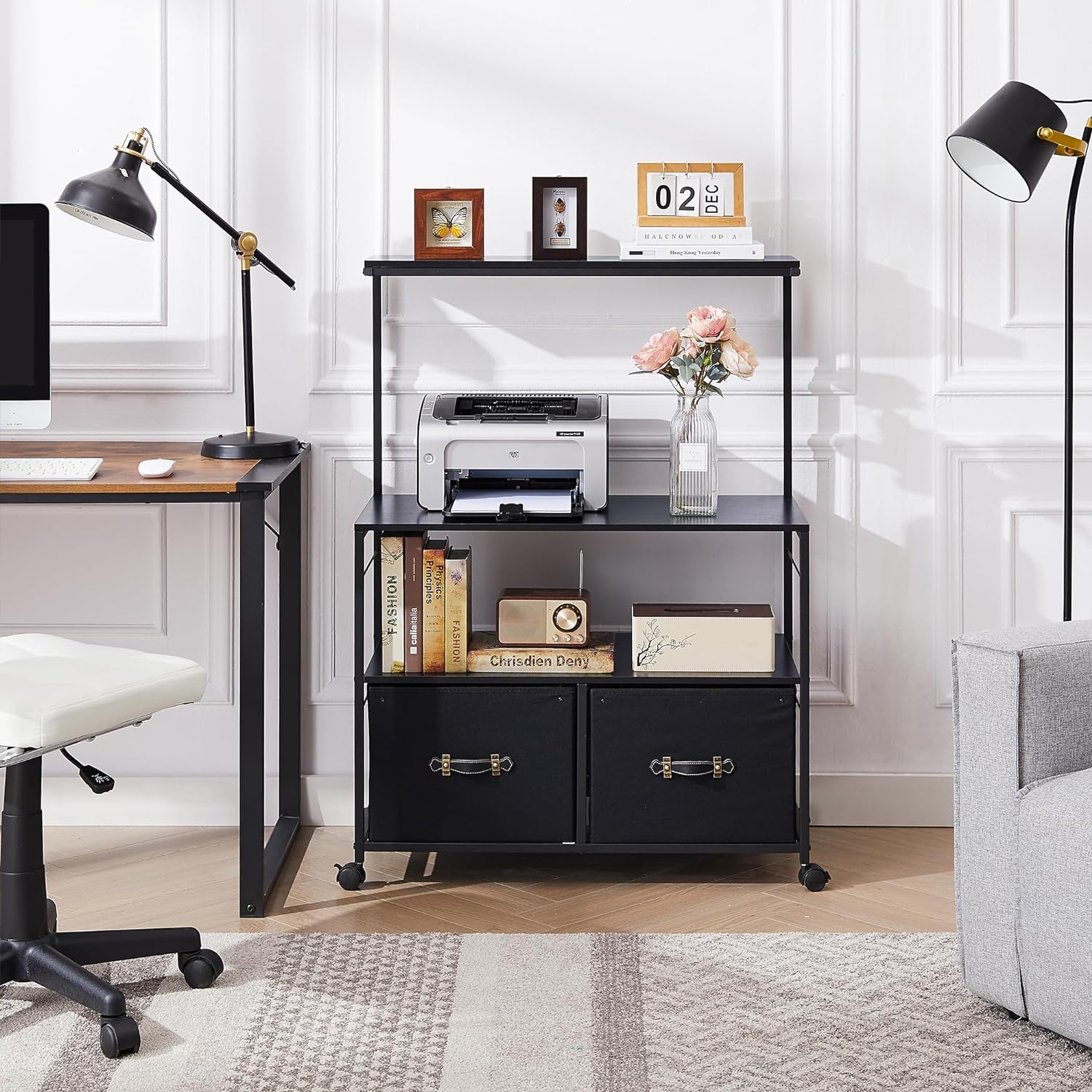 VECELO Lateral File Cabinet with 2 Big Rolling Printer Stand with 3 Open Storage Shelf - VECELO