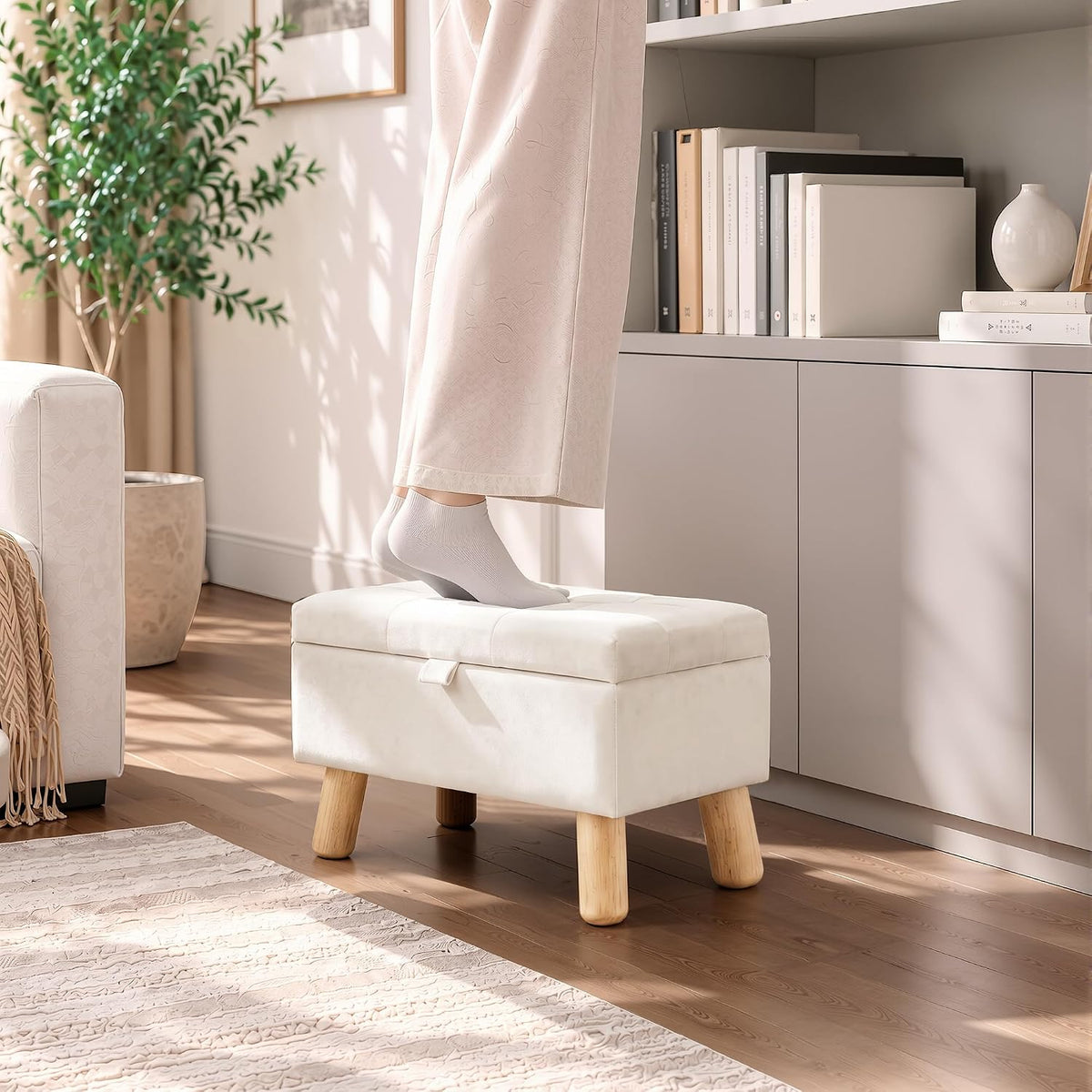 VECELO Storage Ottoman Under Desk  Small Foot Stool with Wood Legs