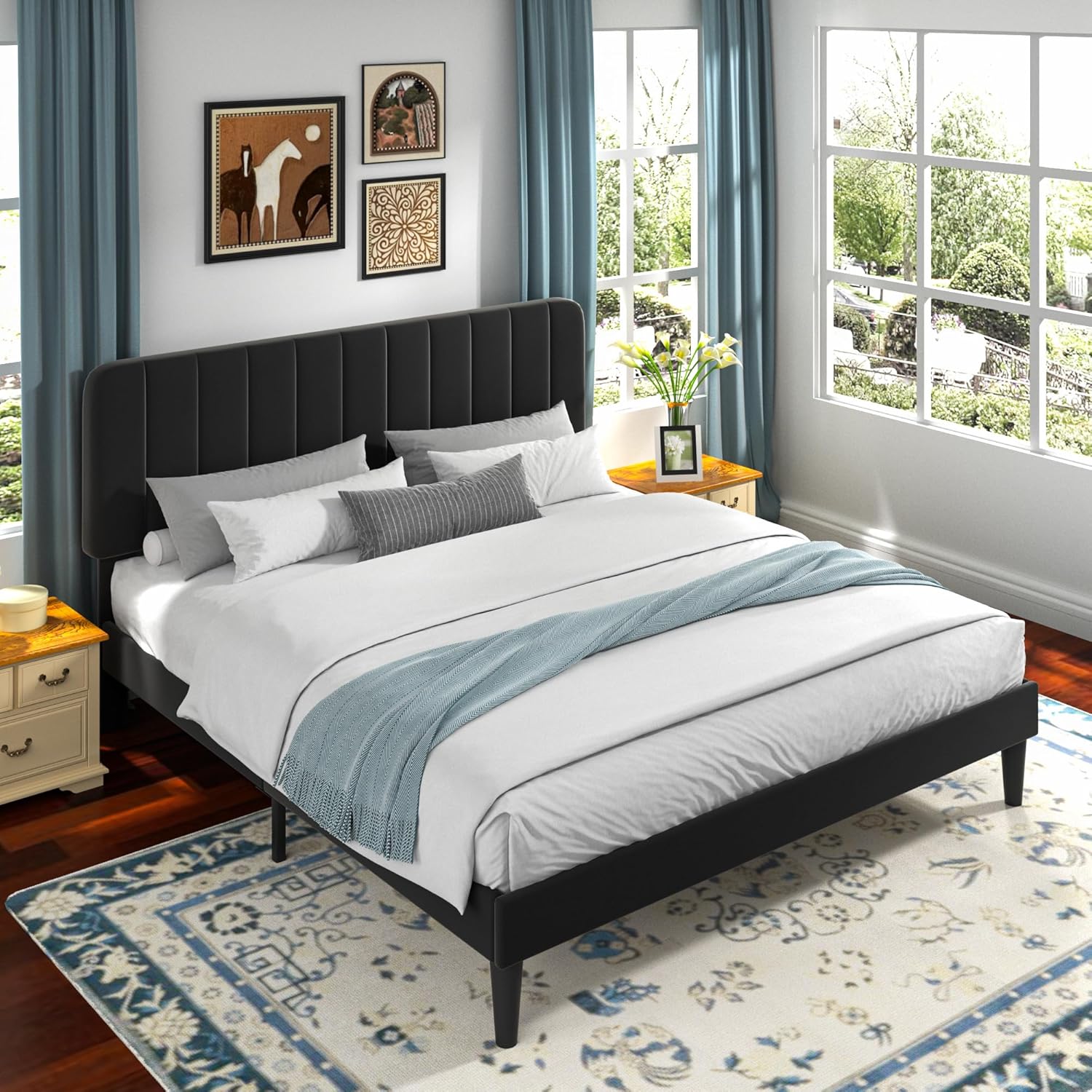 VECELO Upholstered Platform bedframe with Adjustable Headboard