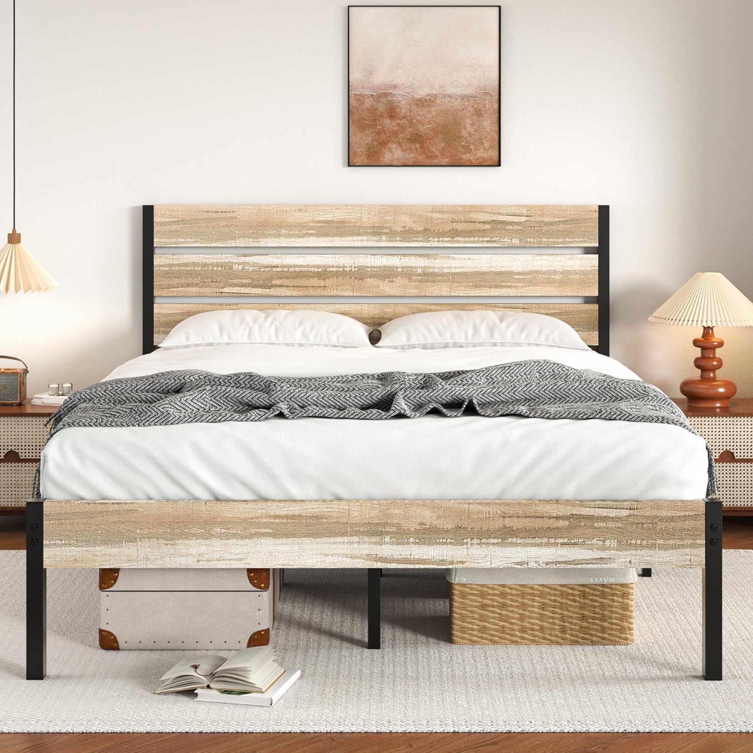 VECELO Platform Bed Frame with Rustic Vintage Wood Headboard/Strong Metal Slats Support