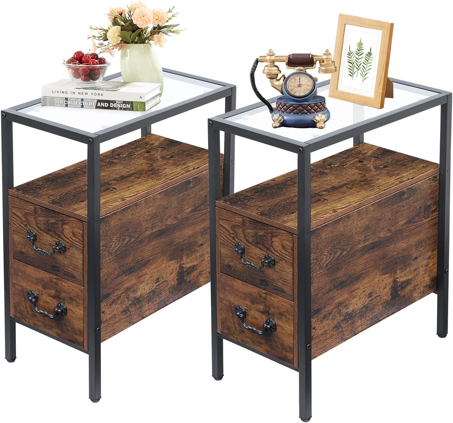VECELO Narrow End Side Table/Nightstand with 2 Drawers & Open Shelf & Tempered Glass Top
