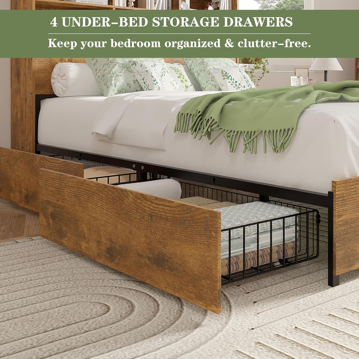 VECELO Queen Size Bed Frame with 50" Tall Storage Bookcase Headboard