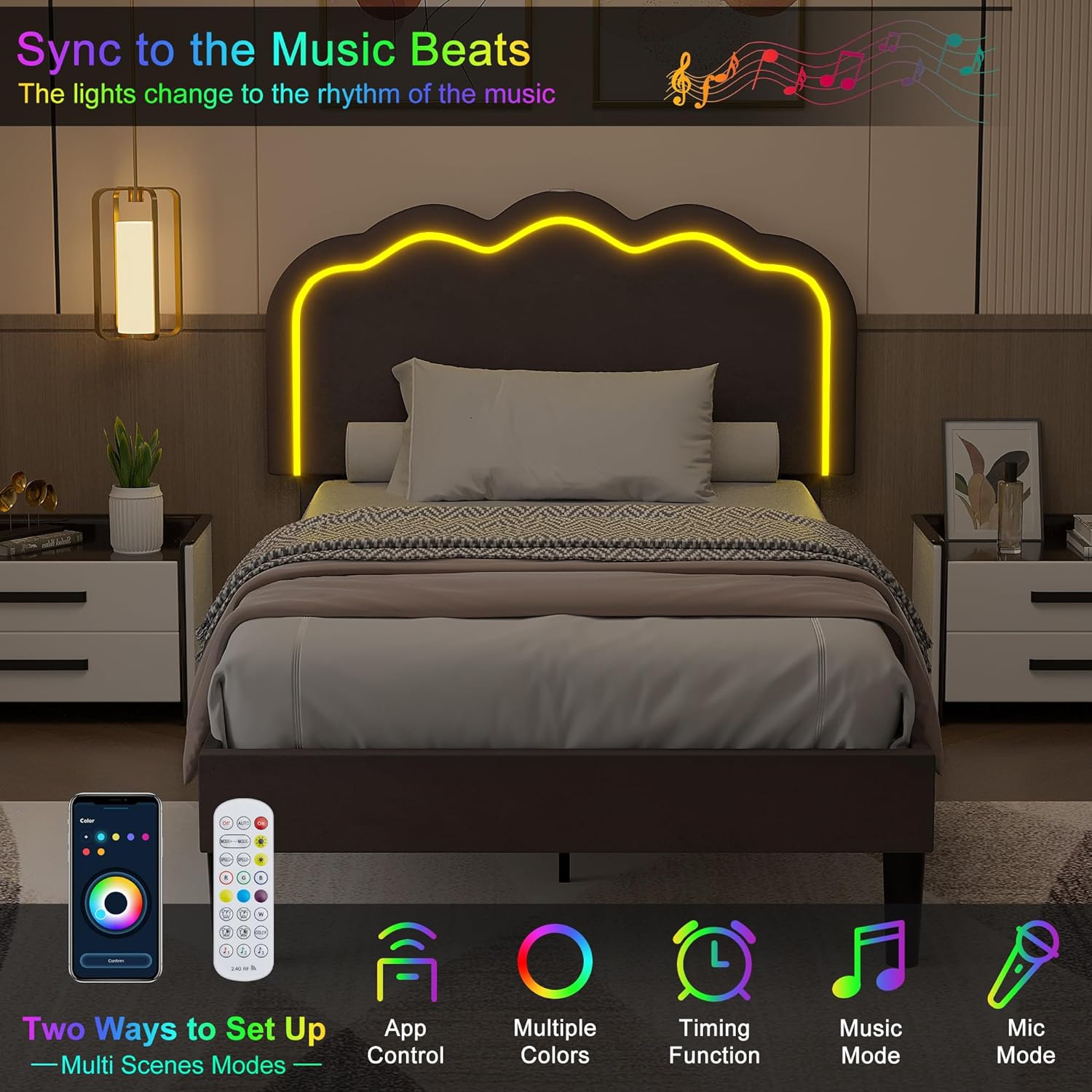 VECELO Upholstered Velvet Platform Bed Frame with Headboard Adjustable, LED Lights, USB-A & Type-C