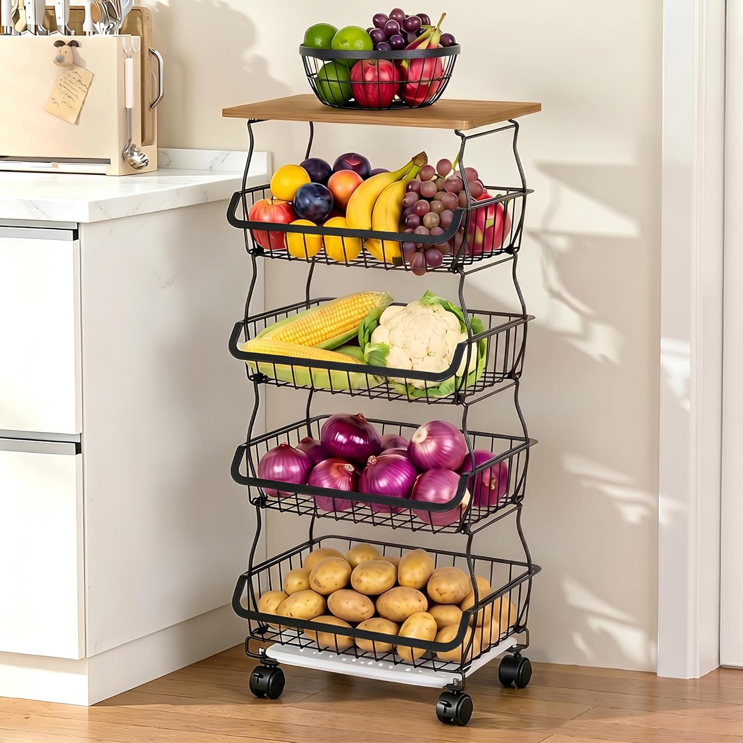 VECELO 4-Tier Fruit Basket with Wheels