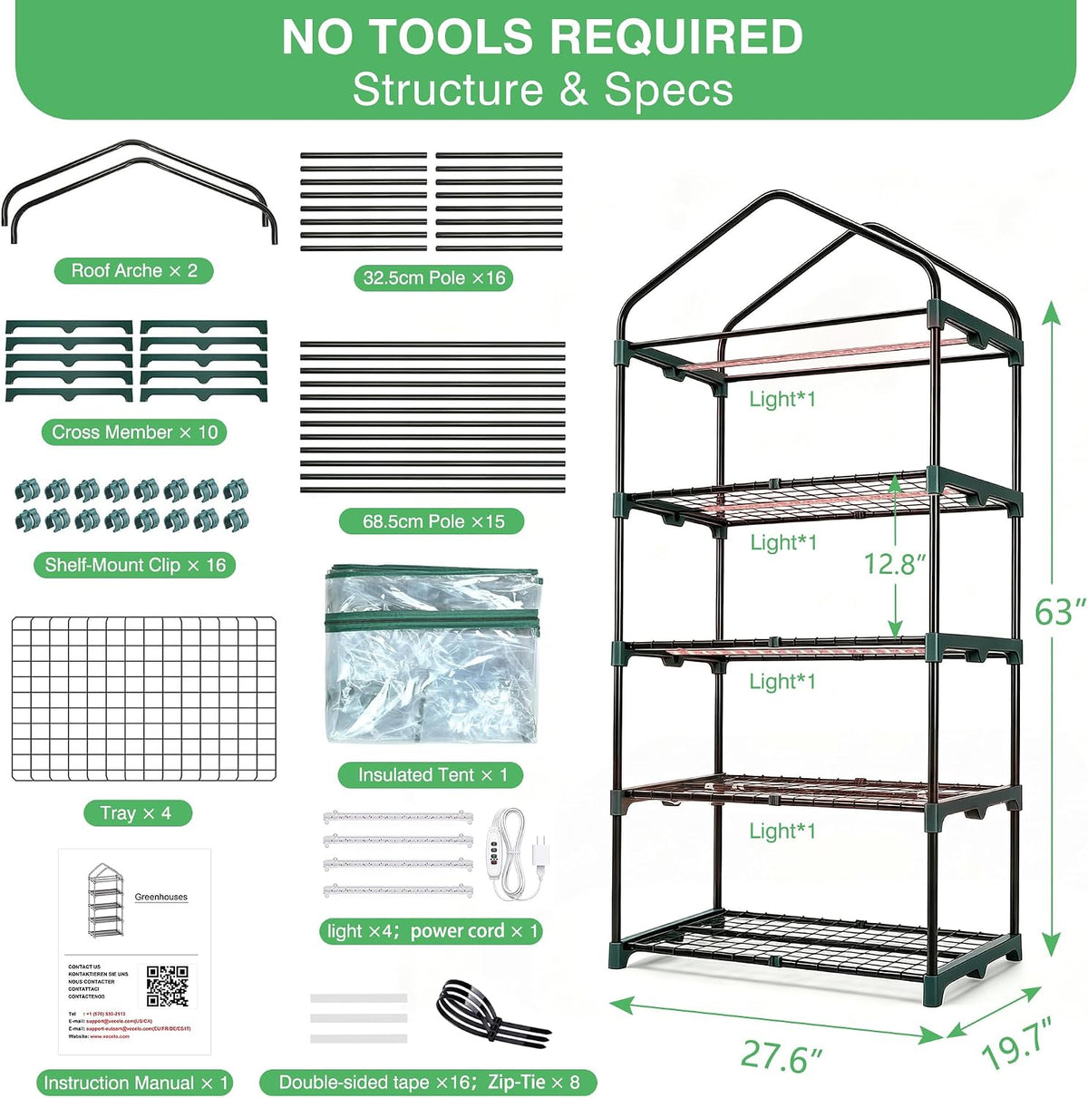 VECELO 4-Tier Greenhouse with LED Grow Light  Portable Plant Green House