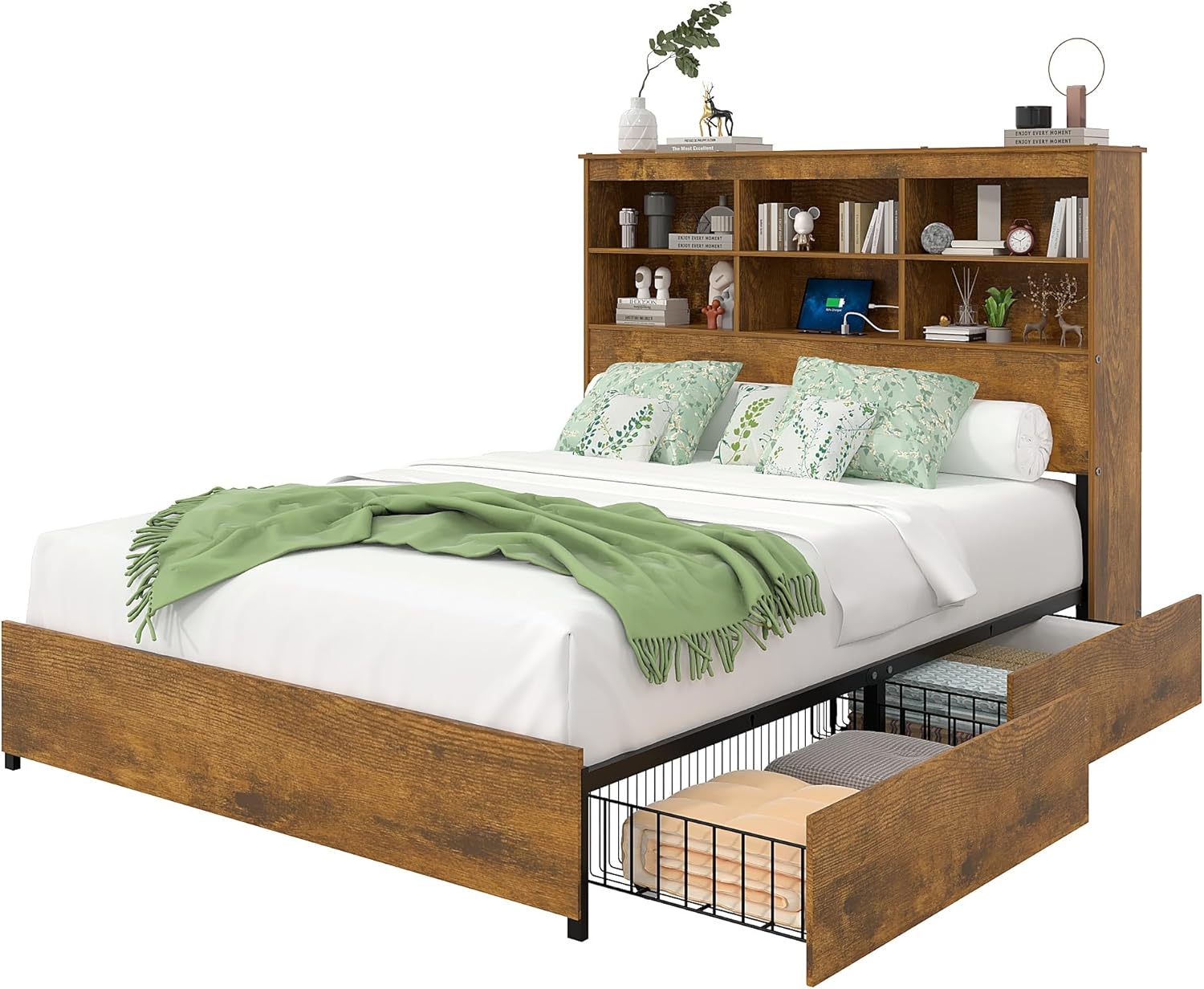 VECELO Queen Size Bed Frame with 50" Tall Storage Bookcase Headboard