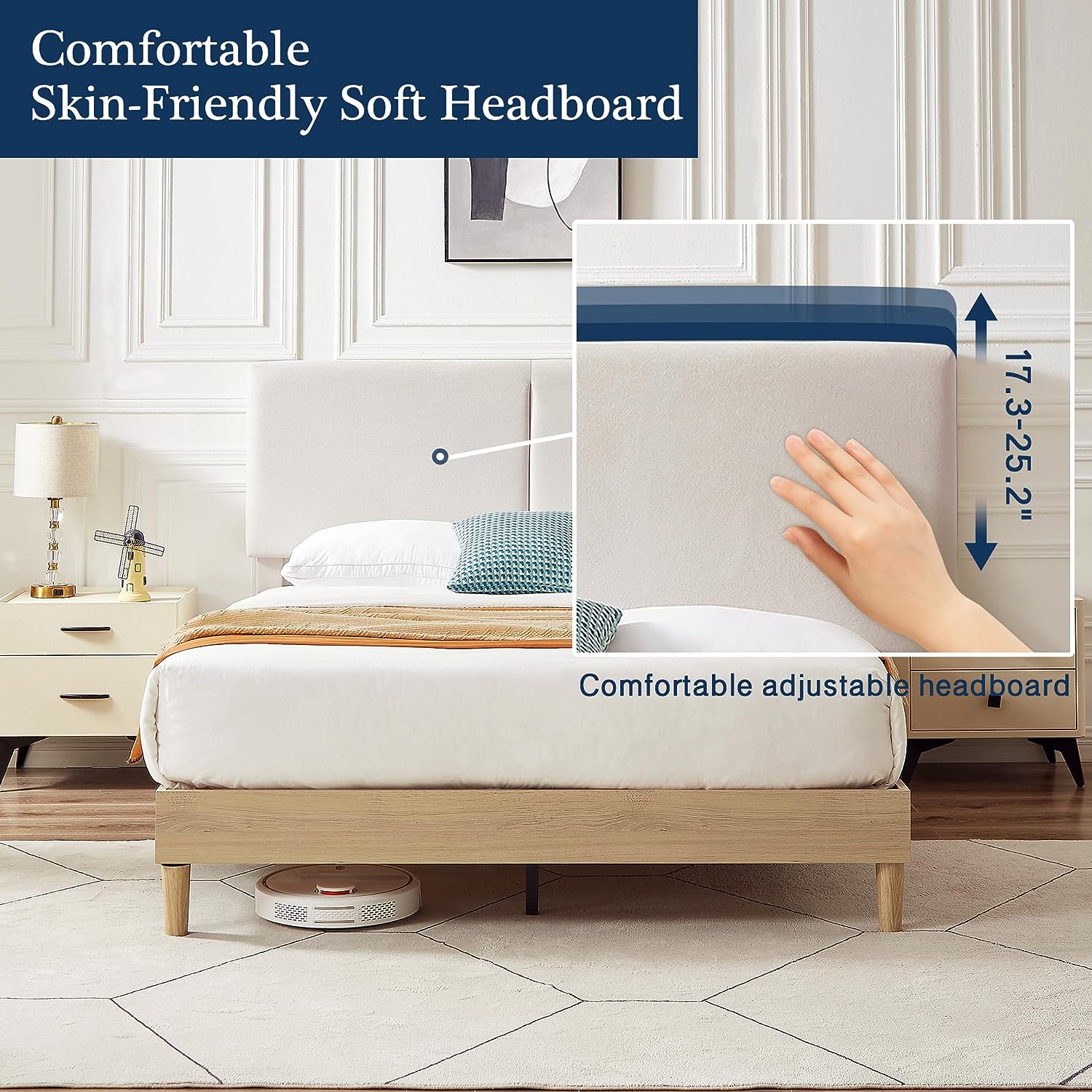 VECELO Upholstered Platform Bed Frame with Height-Adjustable Cotton and Linen Headboard