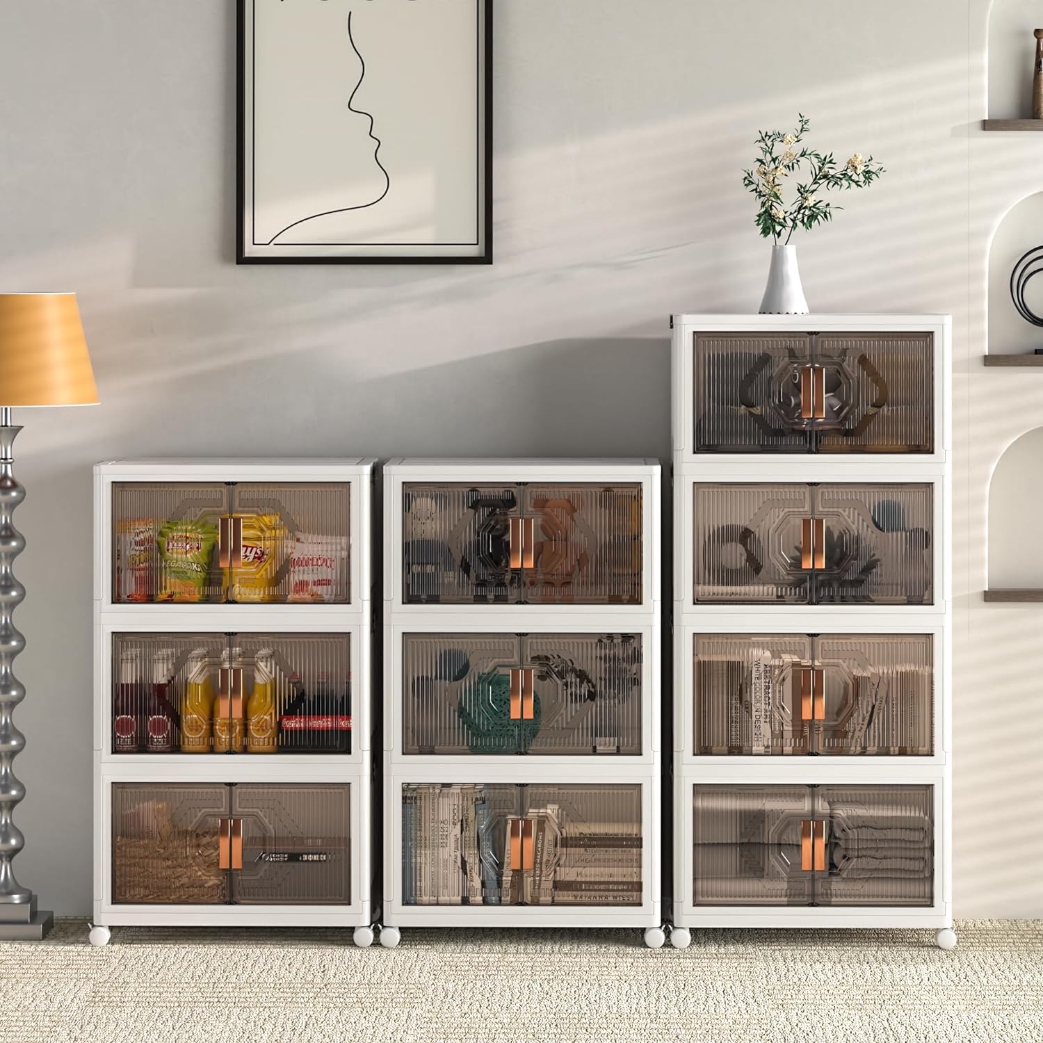 VECELO 3 Pack Plastic Foldable Stackable Storage Bin Double Door 19 Gal Closet Organizers and Storage with Lids and Wheels - VECELO