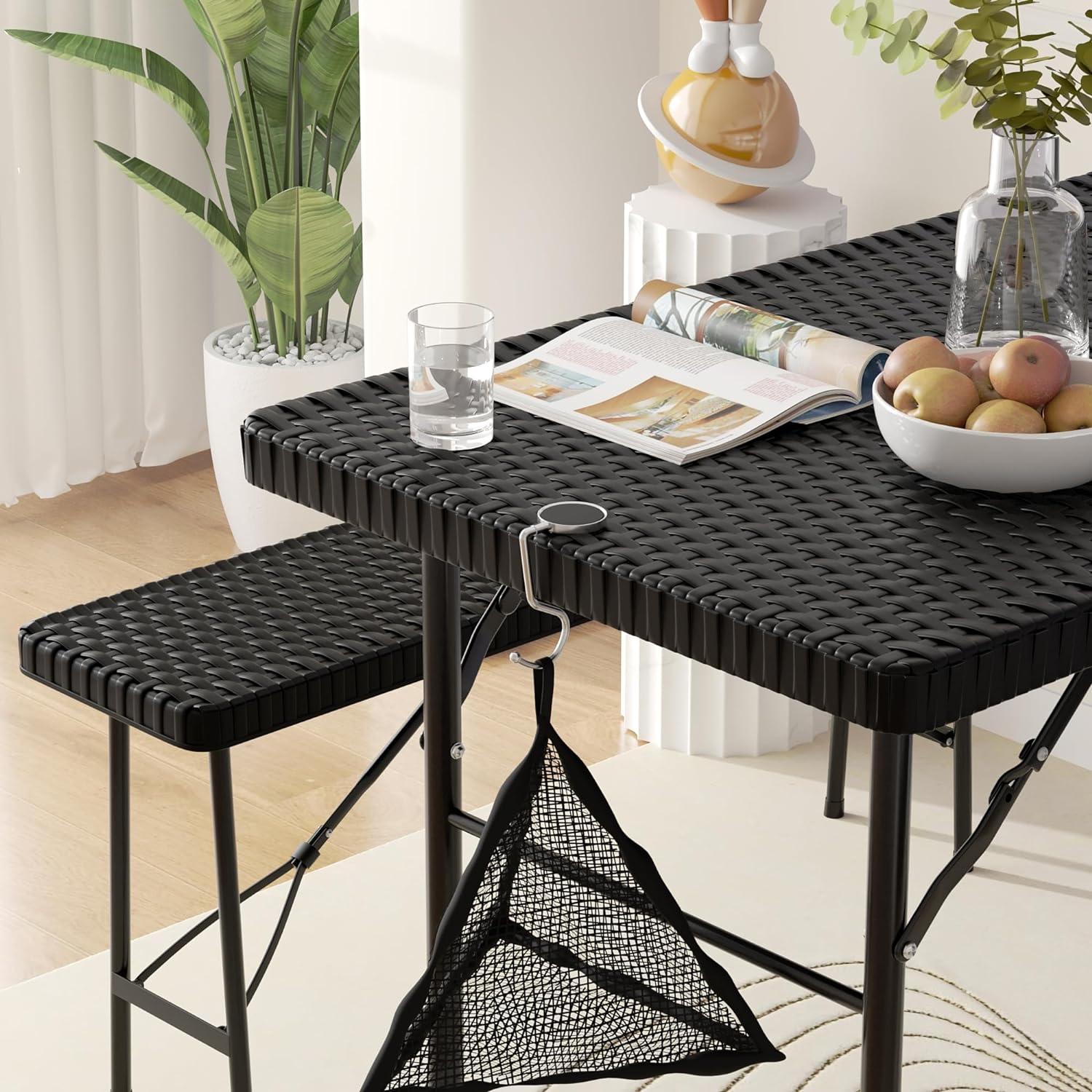 VECELO Dining Set for 4, Faux Rattan Folding Table with 2 Benches - VECELO
