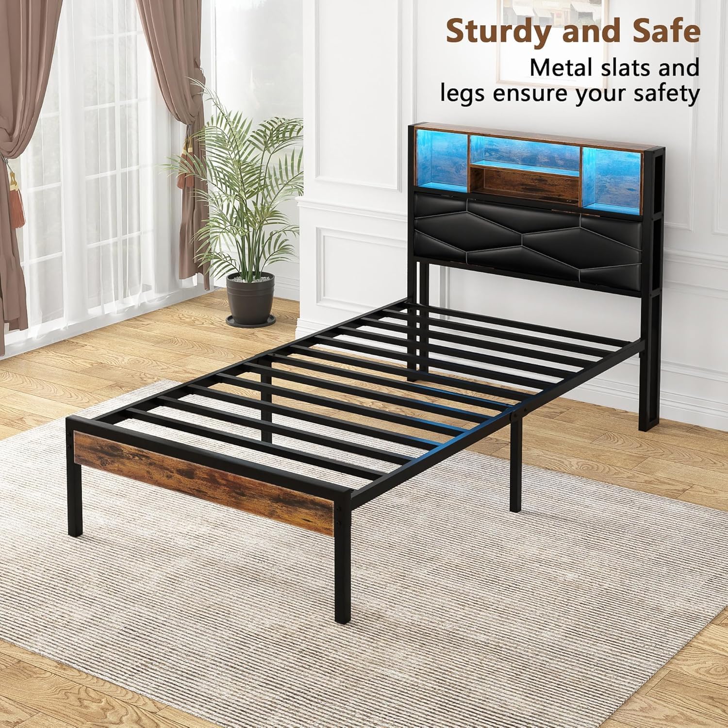 VECELO Bed Frame with 2-Tier Storage Headboard and Charging Station