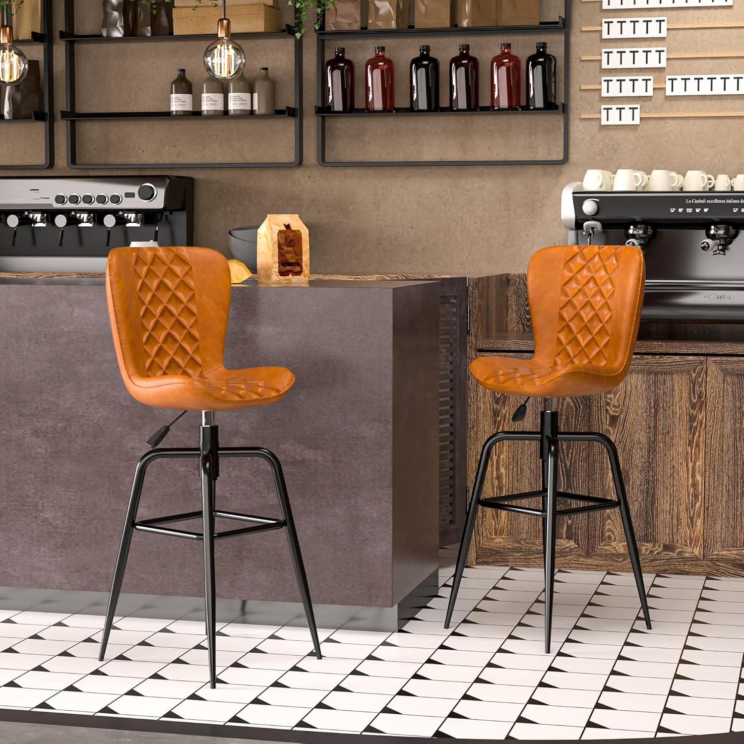 VECELO Quilted Bar Stools Set of 2, Adjustable Bar Height Swivel Bar Stools with Back