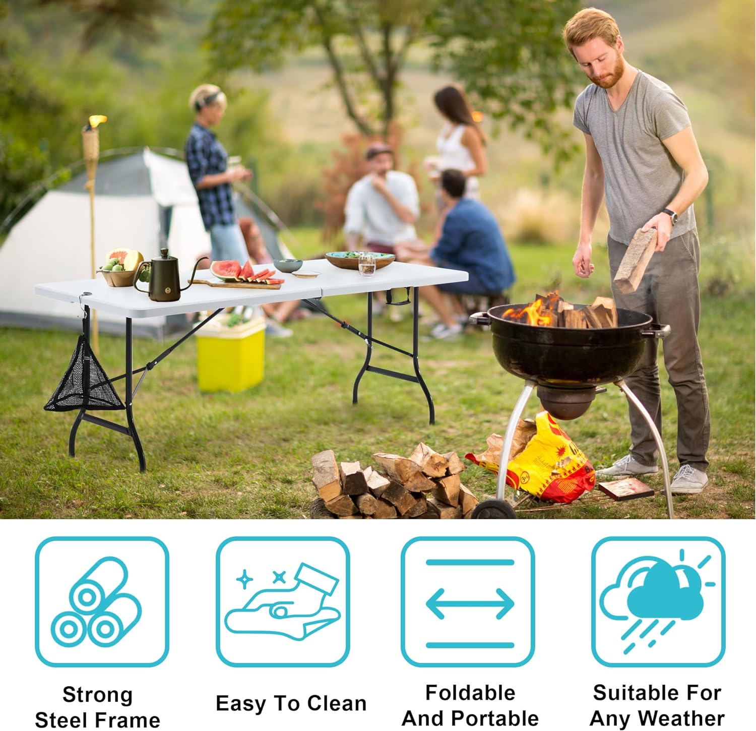 VECELO 6Ft Plastic Folding Table Heavy Duty Indoor Outdoor Portable Picnic Foldable Desk with Handle Mesh Trash Bag&Lock Legs - VECELO