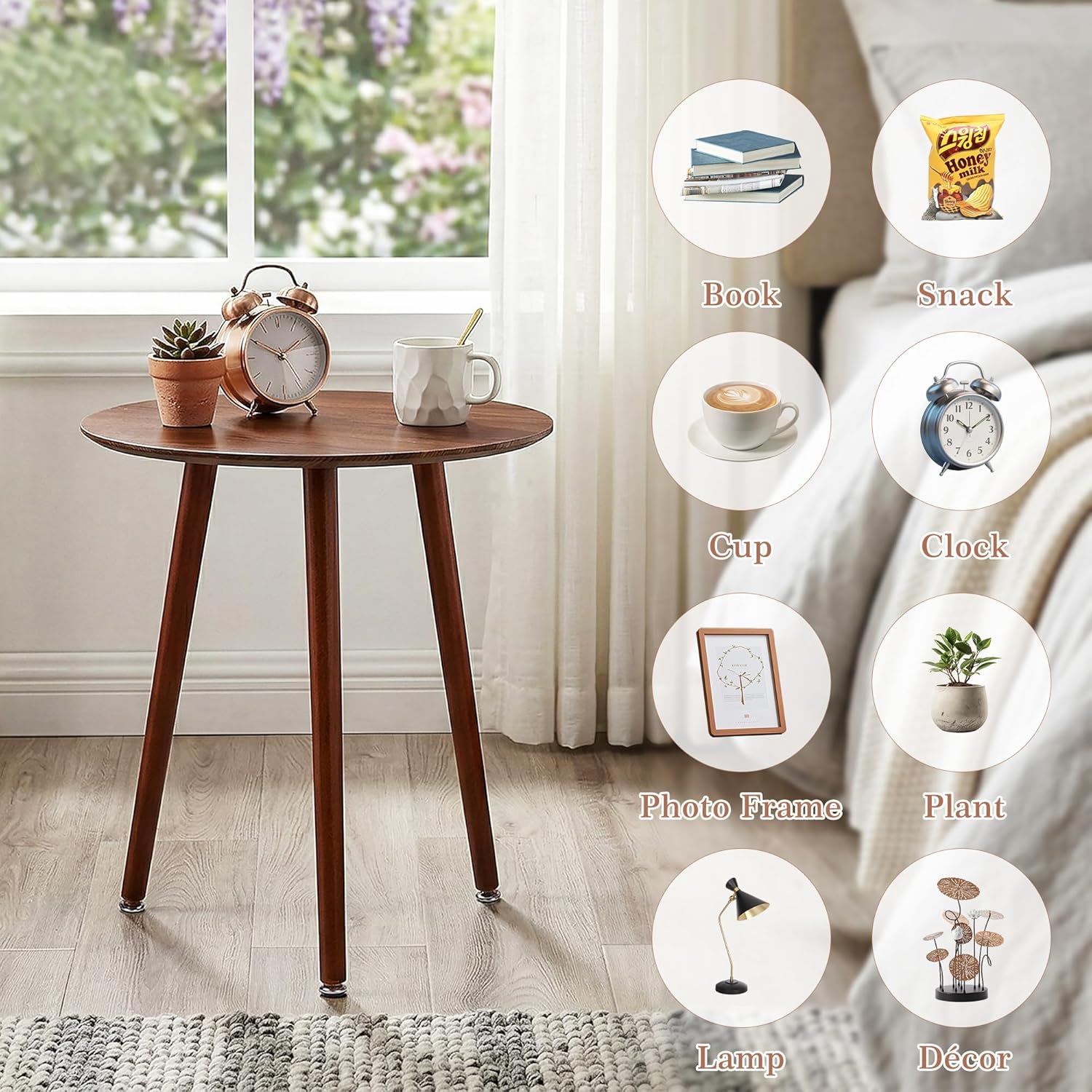 VECELO Round Wooden Side End Table with Adjustable Foot for Indoor Outdoor