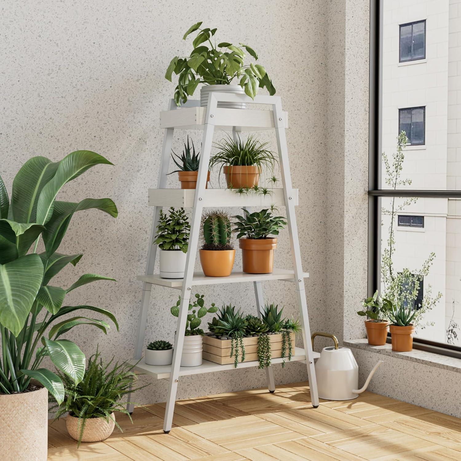 VECELO Ladder Shelf/Display Shelf 4 Tier Storage Bookcase Rack Wood & Steel - VECELO