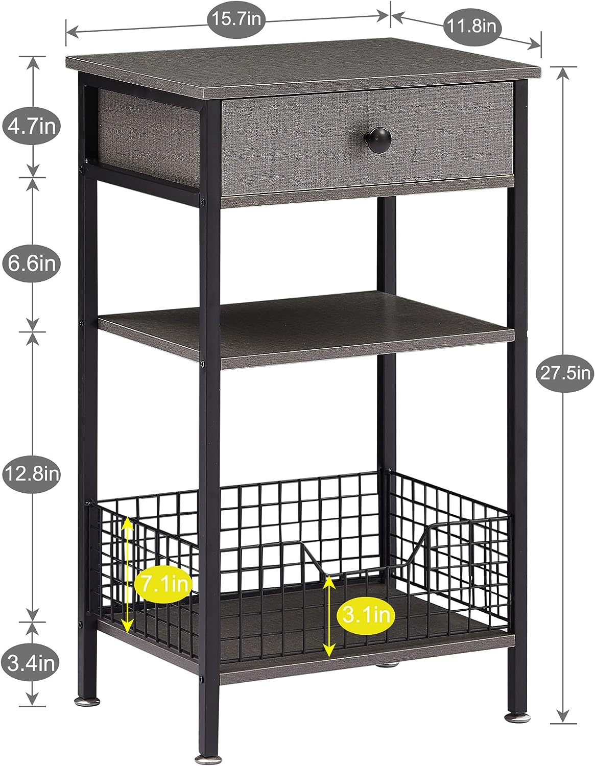VECELO Tall Side End Tables/3-Tier Bedside Stand with Storage
