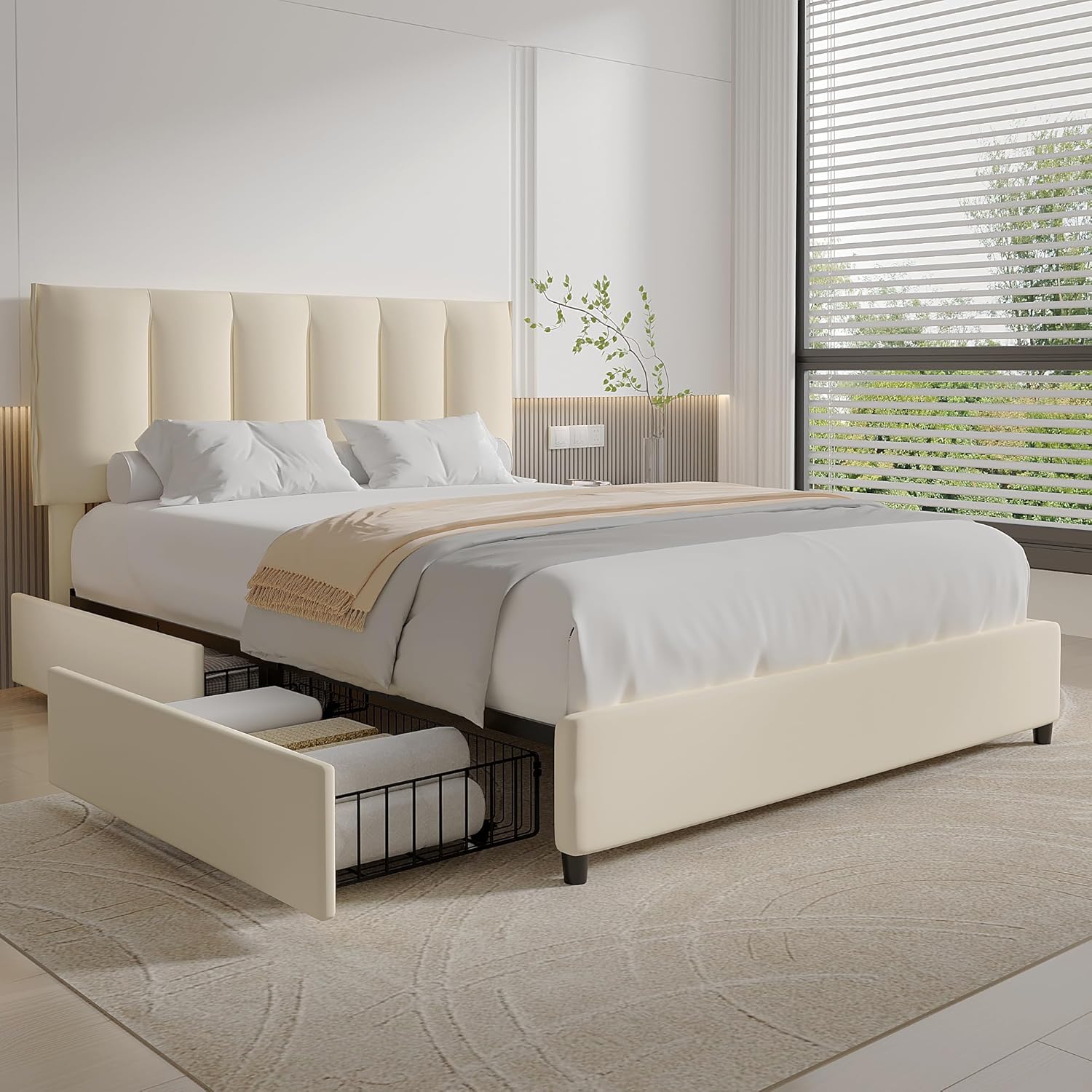 VECELO Upholstered Bed Frame with 4 Storage Drawers and Adjustable Velvet Headboard