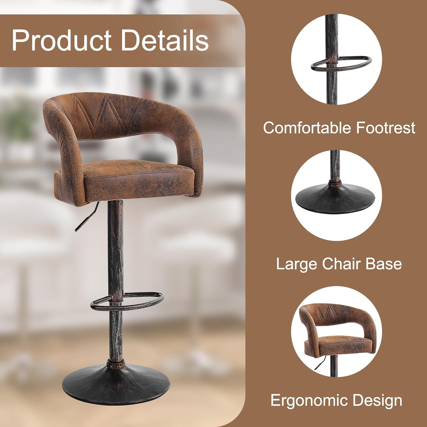 VECELO Bar Stools Set of 2 Adjustable Swivel Modern Pu Leather Barstools - VECELO