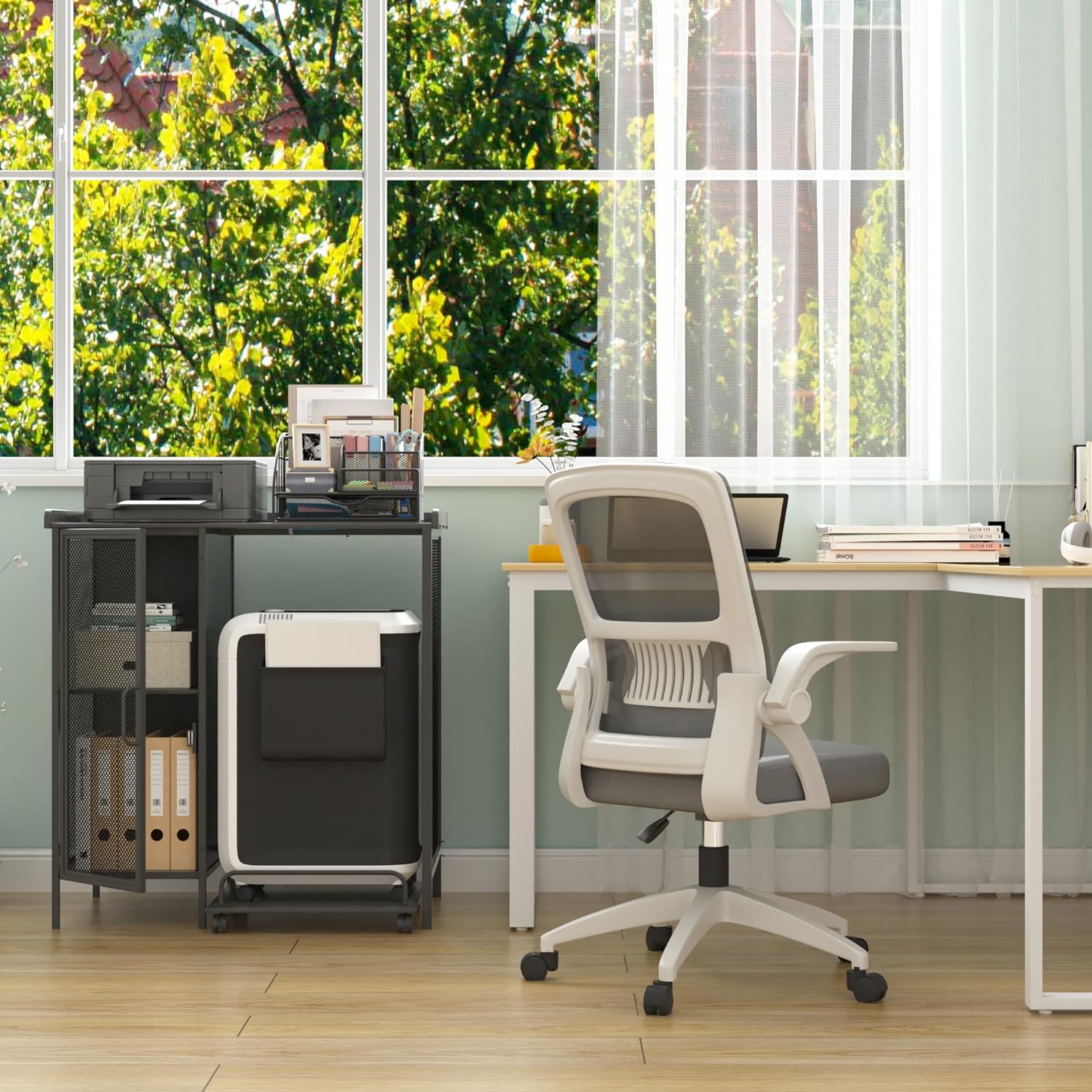 VELELO Printer Desk with Rolling Paper Shredder Stand