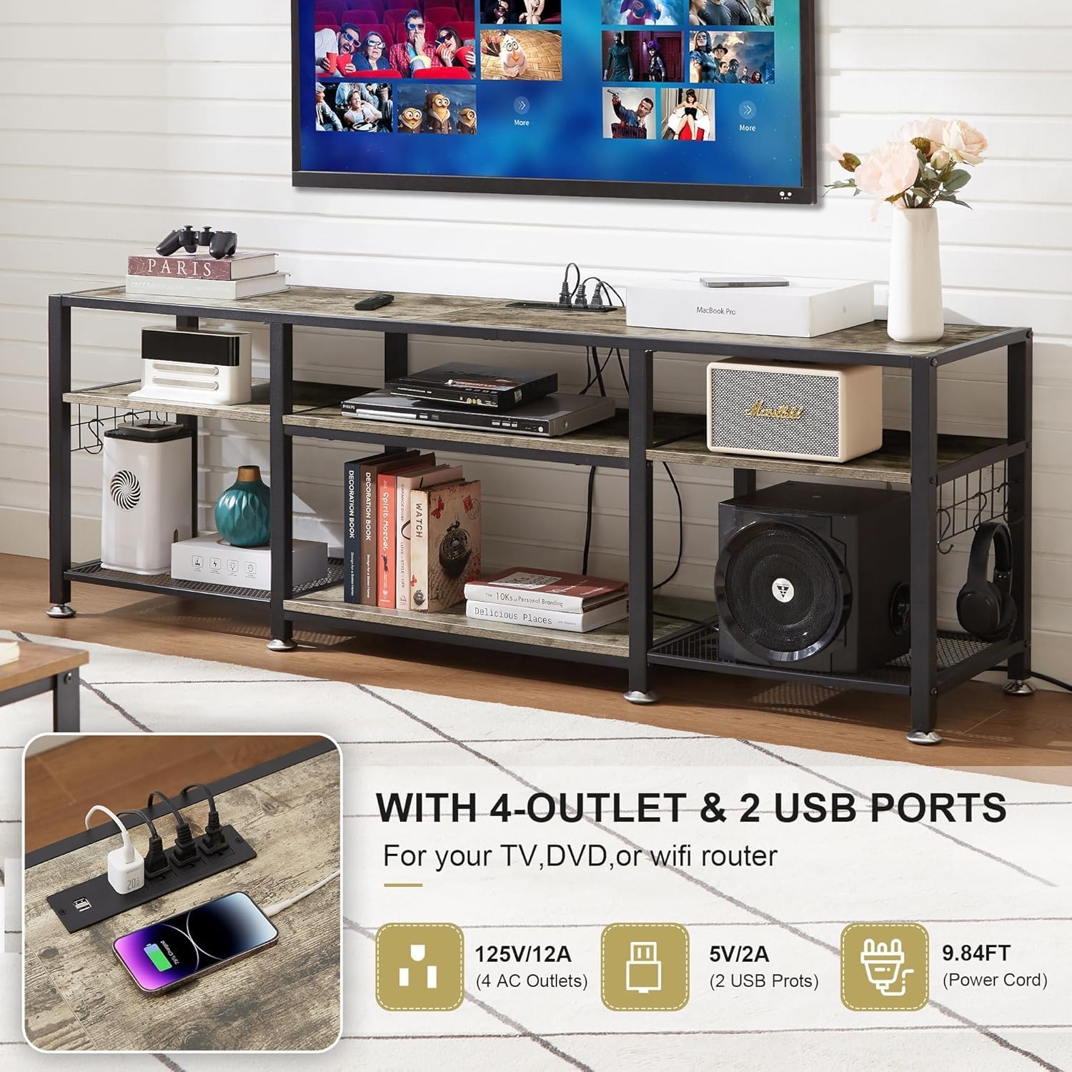 VECELO 63" TV Stand with Power Outlets for 55/60/65/70 Inch Television