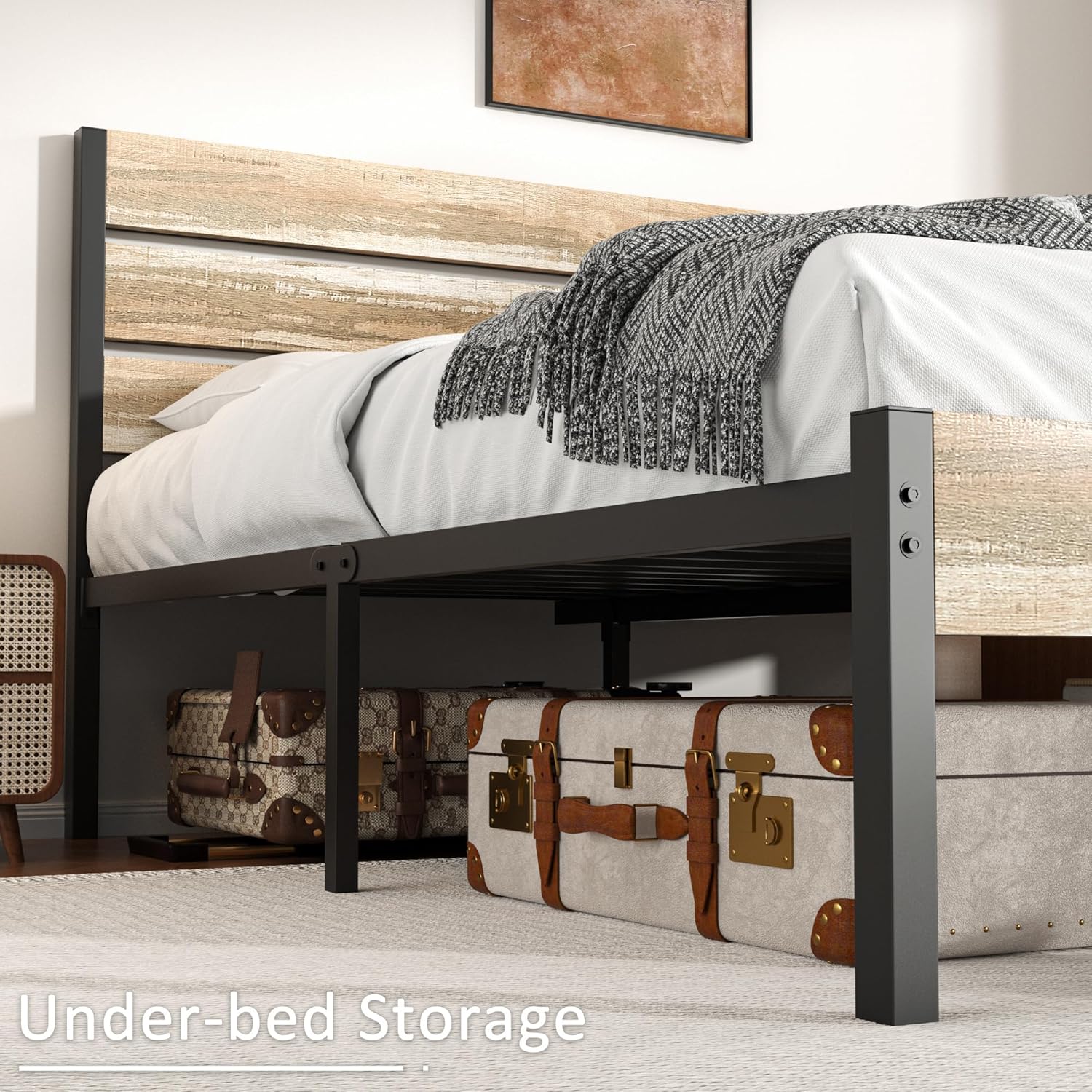 VECELO Platform Bed Frame with Rustic Vintage Wood Headboard/Strong Metal Slats Support