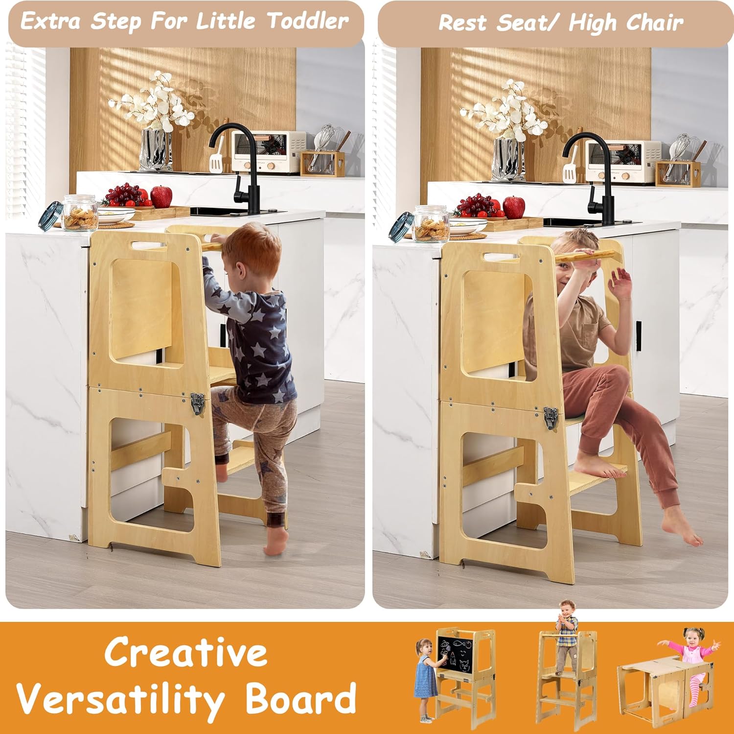 VECELO Foldable Toddler Tower Kitchen Helper Stool for Kids