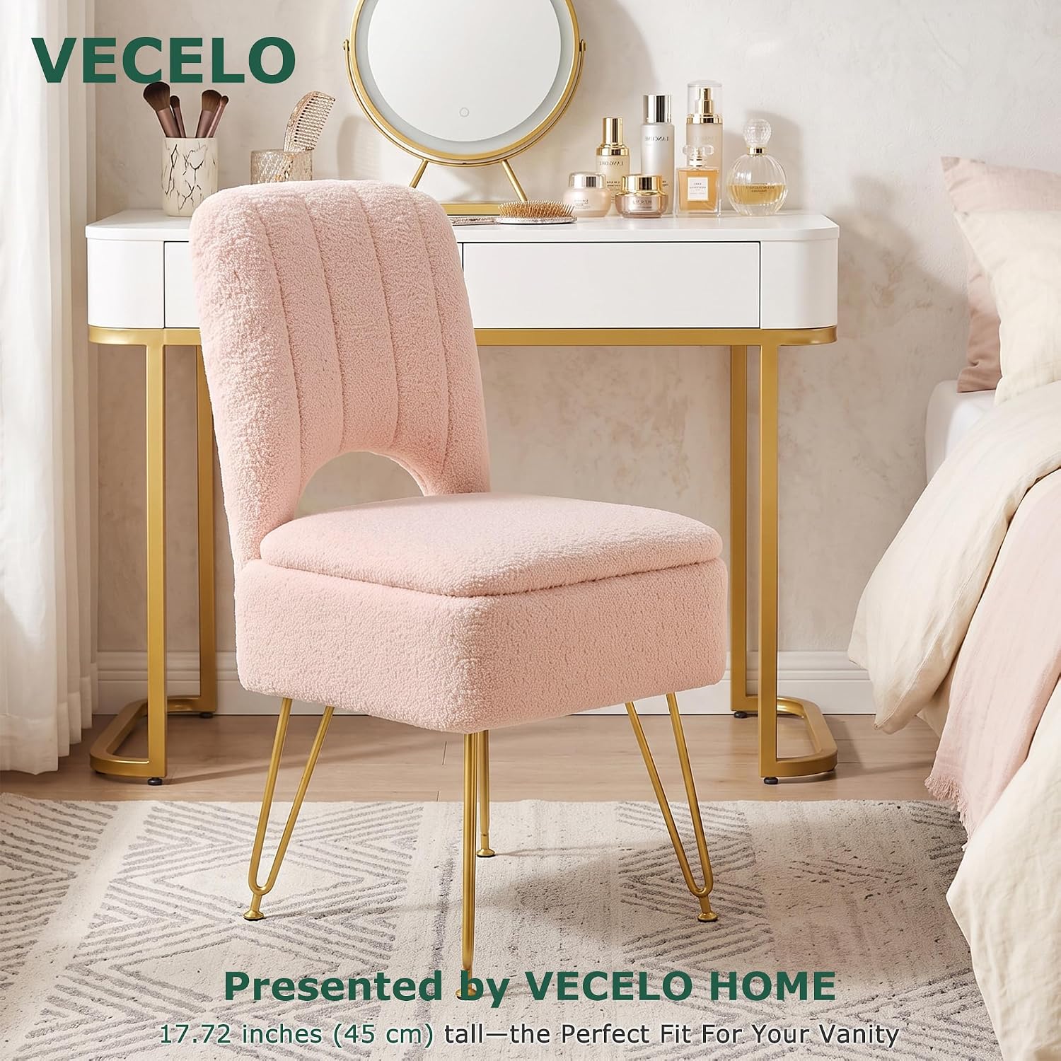 VECELO White Vanity Stool Chair with Storage and Folding Back
