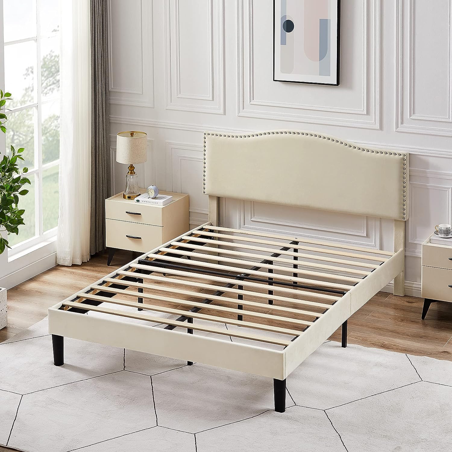 VECELO Bed Frame Platform with Upholstered Headboard & Wooden Slats Support - VECELO