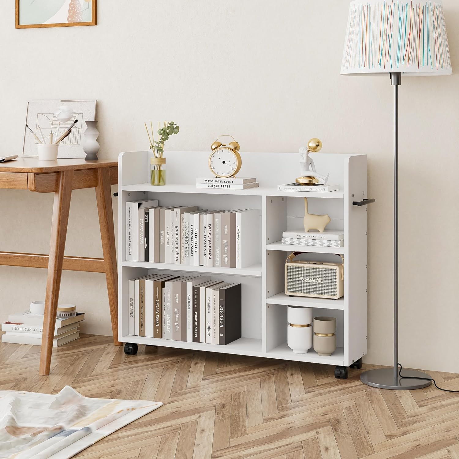 VECELO Book Cart, Library Wood Rolling Book Truck with Lockable Wheels, for Home Office, White - VECELO