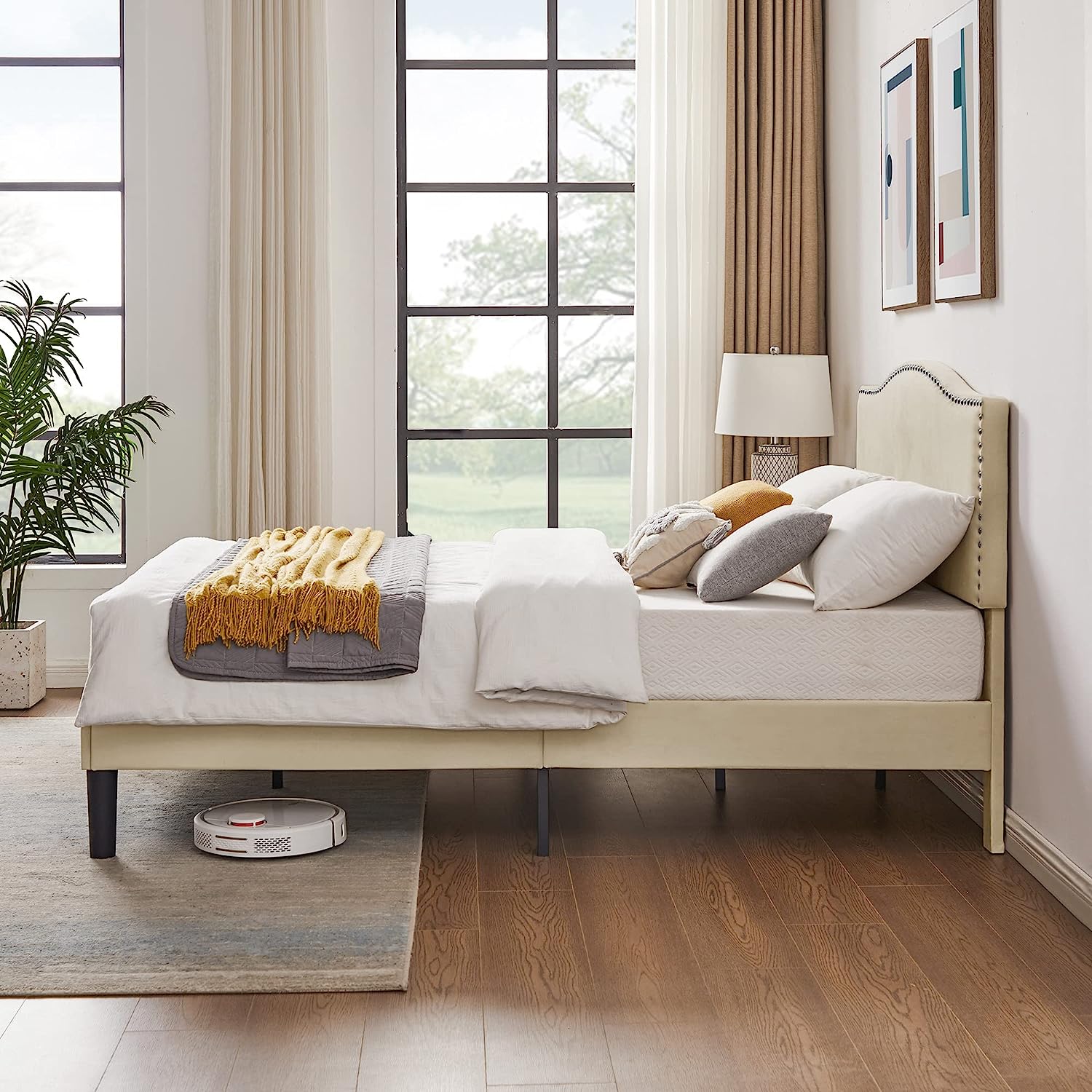 VECELO Bed Frame Platform with Upholstered Headboard & Wooden Slats Support - VECELO