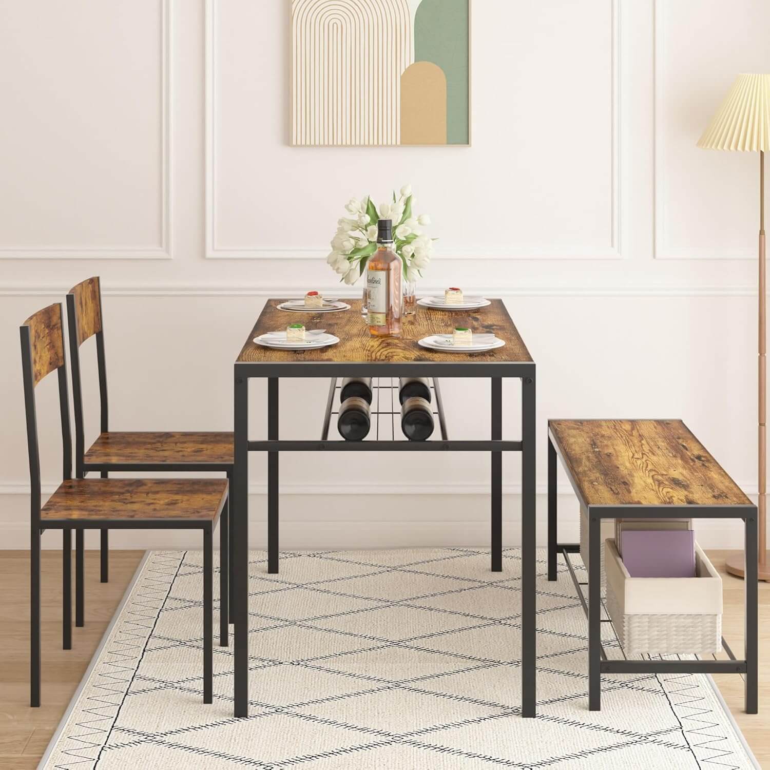 VECELO Kitchen Dining Table Set featuring a wooden table, two chairs, and a bench, showcasing an industrial modern design.