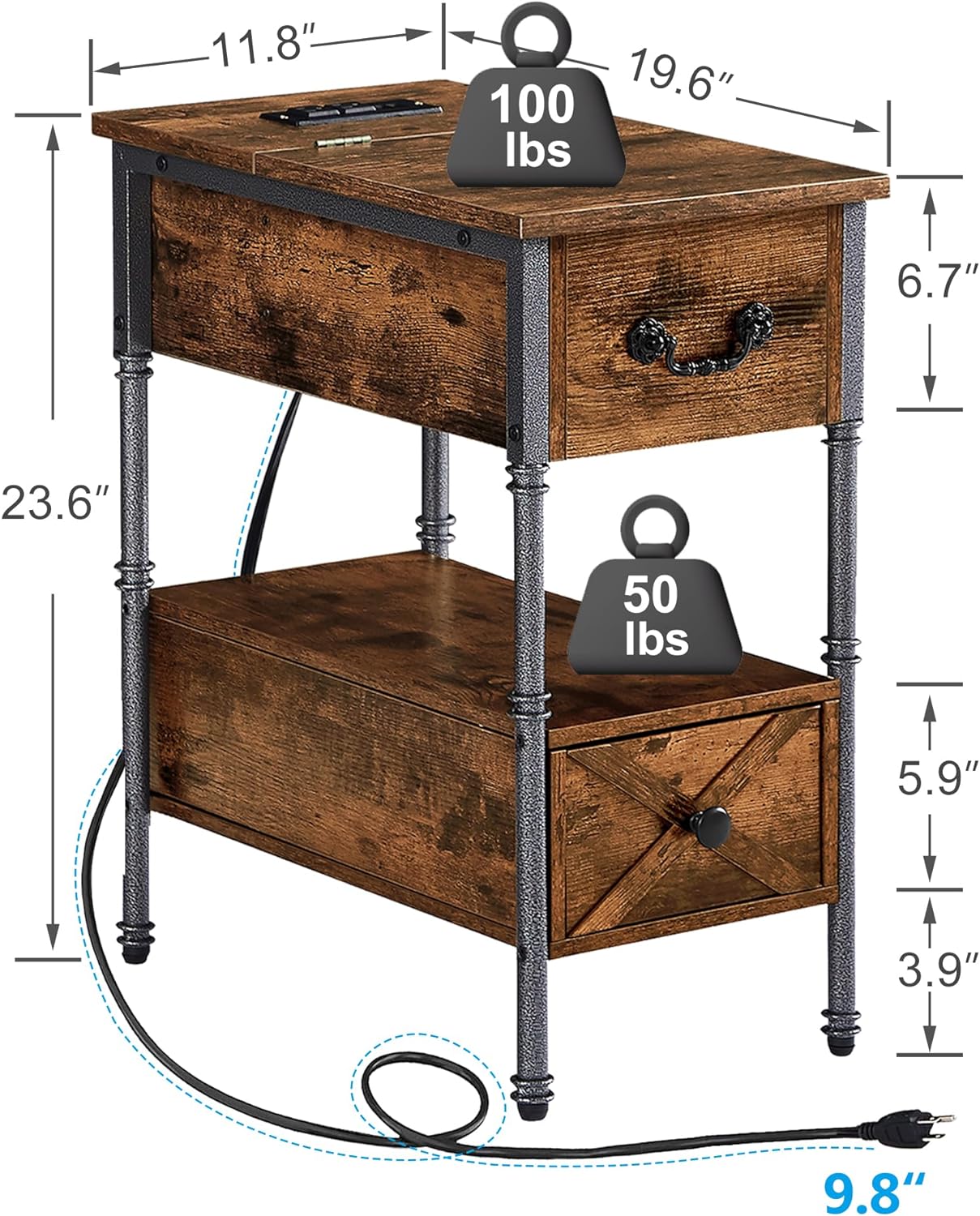 VECELO End Table with Charging Station, Narrow Flip Top Nightstand