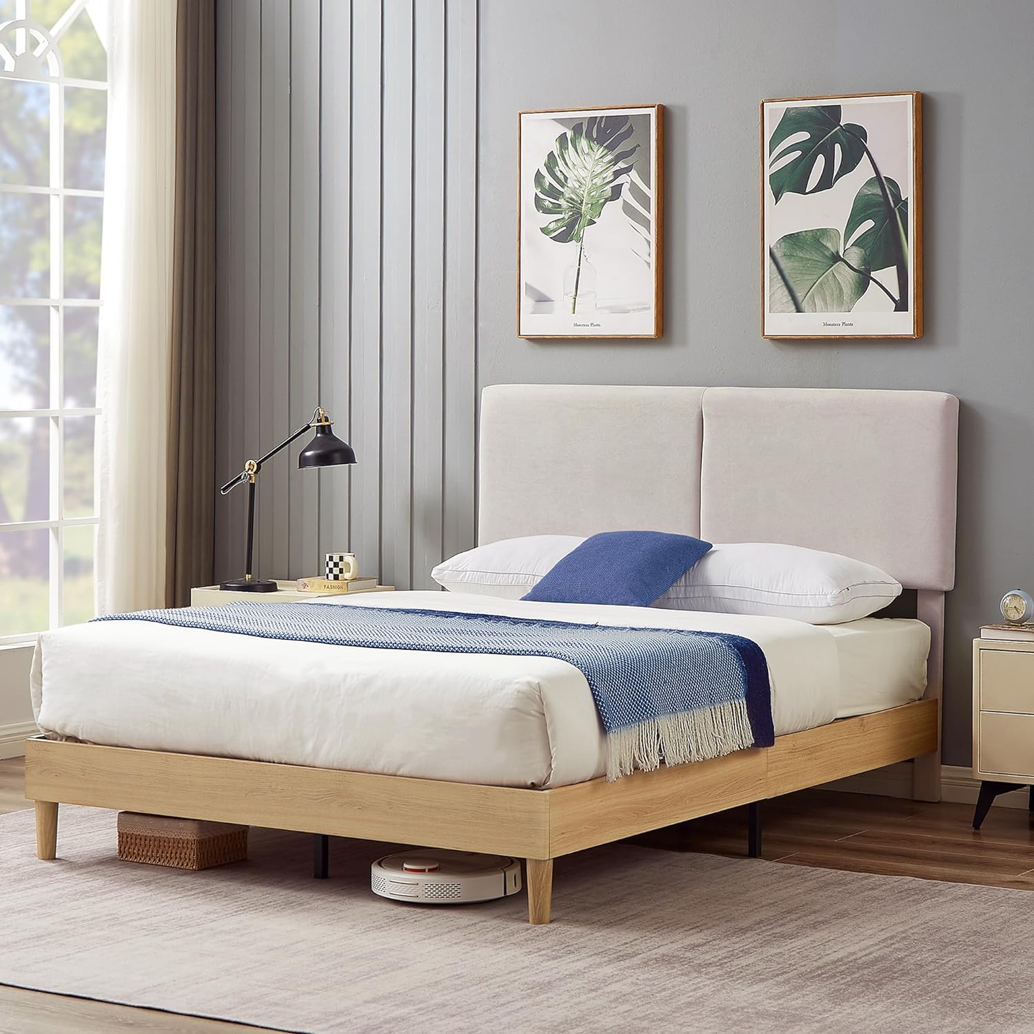 VECELO Upholstered Platform Bed Frame with Height-Adjustable Cotton and Linen Headboard
