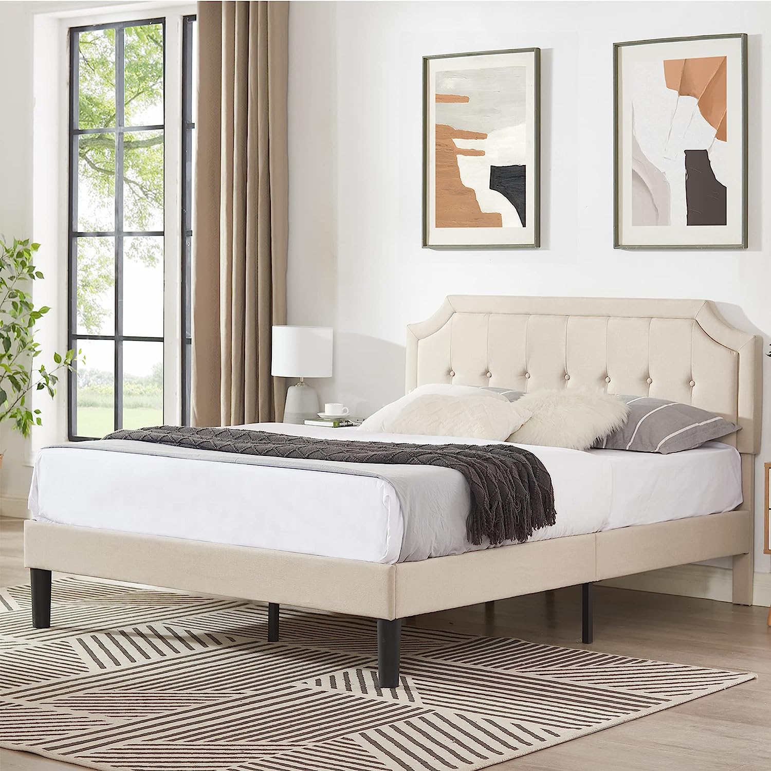 VECELO Premium Upholstered Platform Bed Diamond Stitched Panel Headboard