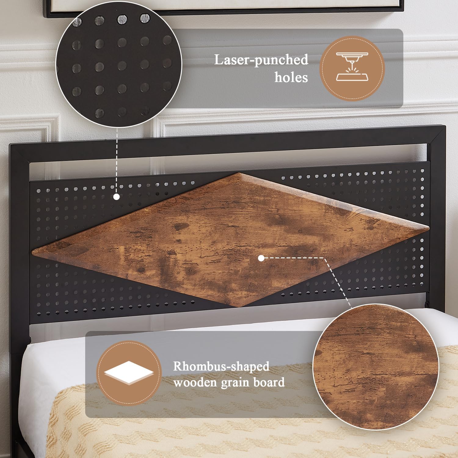 VECELO Metal Bed Frame Platform with Wood Grain Headboard&Footboard