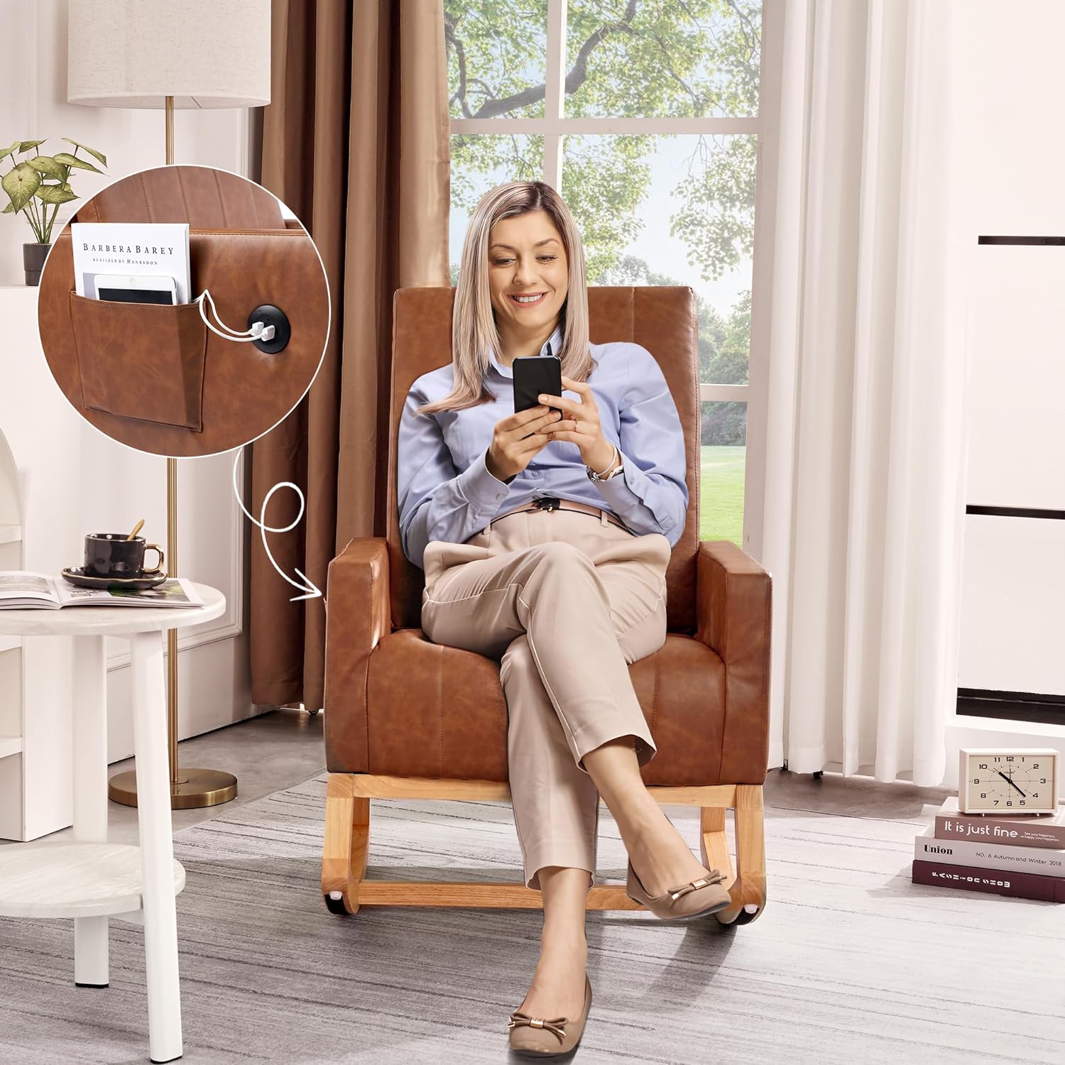 VECELO Rocking Chair Upholstered Nursery Glider Rocker High Backrest Comfy Armchair with Side Pocket and USB Port - VECELO