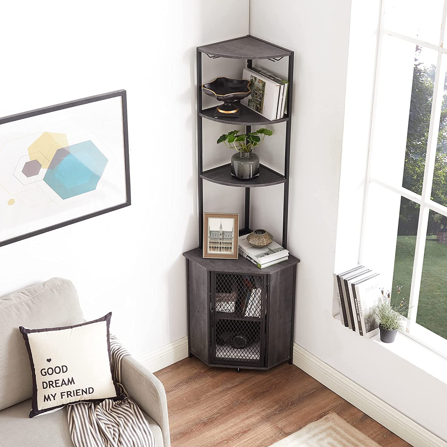 Corner Cabinet, Tall Storage Shelf Bookshelf Display Shelves Rack