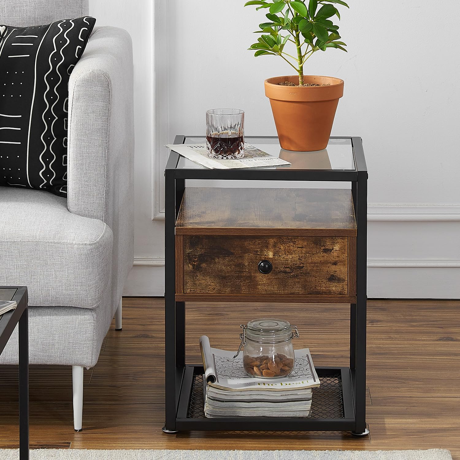 VECELO Nightstands,Glass Top End Tables with Drawer and Shelf - VECELO