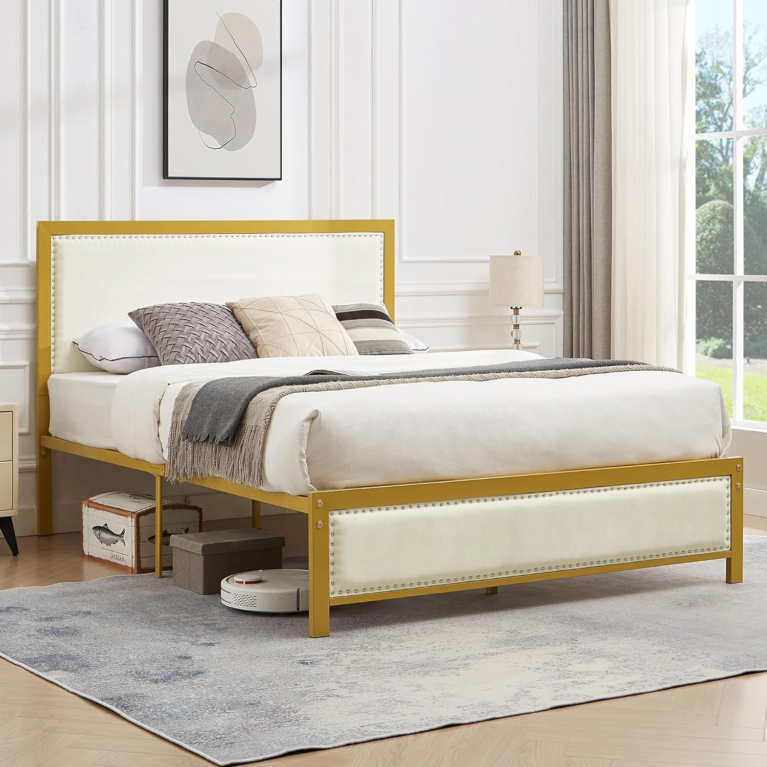VECELO Bed Frame with Linen Fabric Headboard and Footboard No Box Spring Needed - VECELO