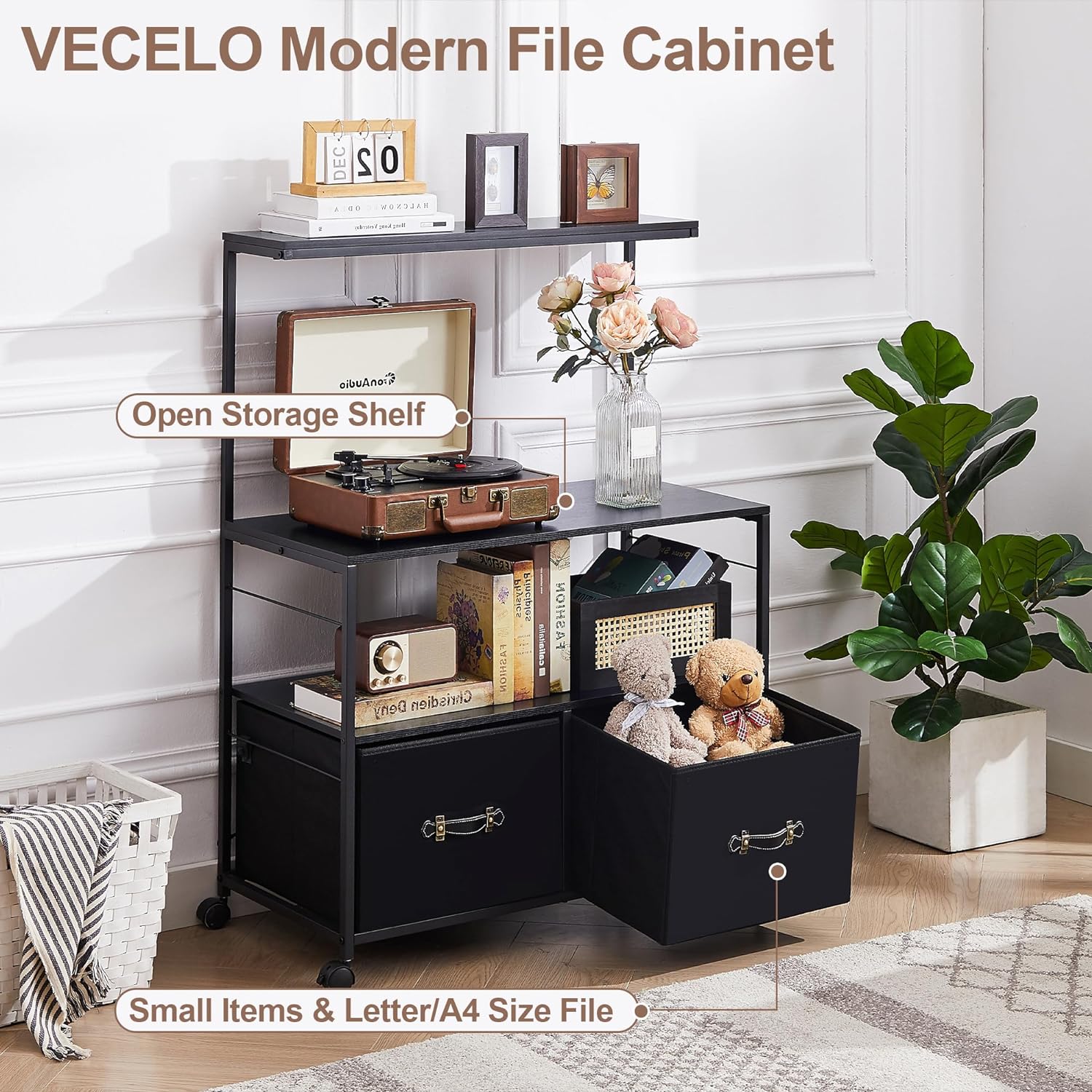 VECELO Lateral File Cabinet with 2 Big Rolling Printer Stand with 3 Open Storage Shelf - VECELO