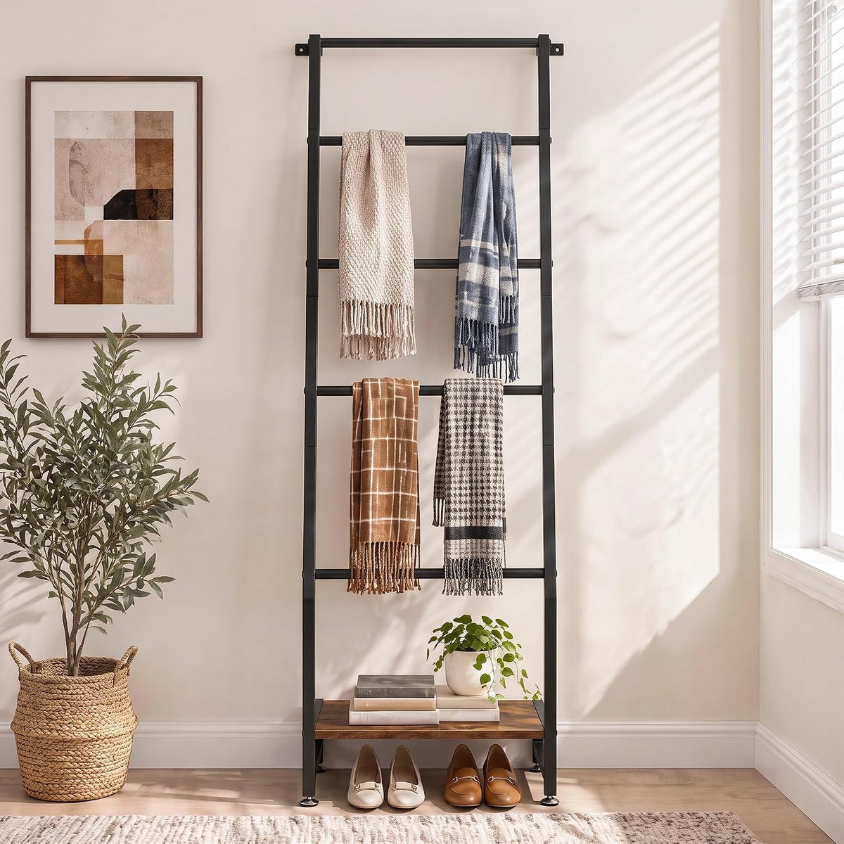 VECELO Blanket Ladder 5‑Tier Metal Ladder Shelf with Bottom Storage Shelf for Living Room and Bedroom