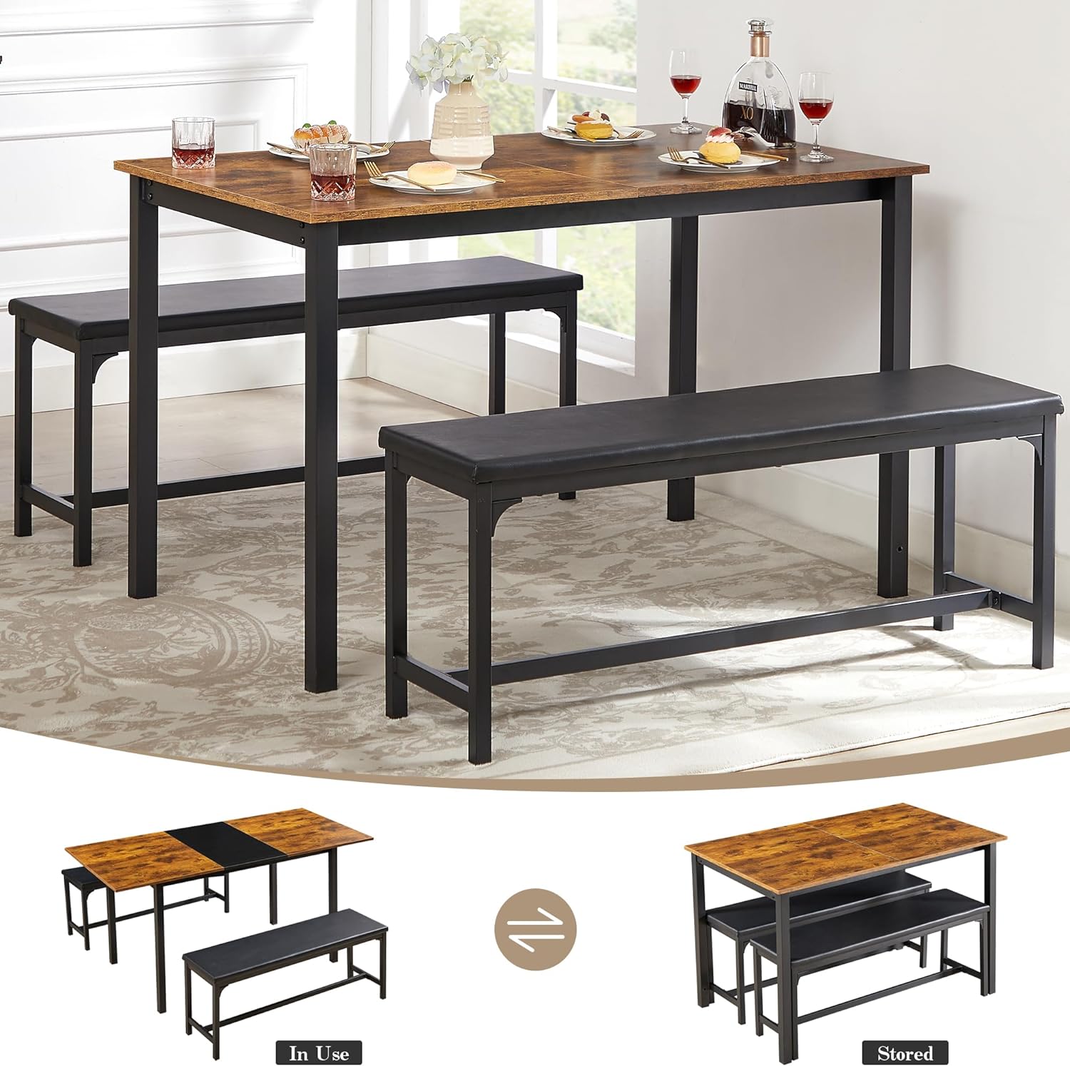 VECELO 3-Piece 63" Extendable Kitchen Table with Benches - VECELO