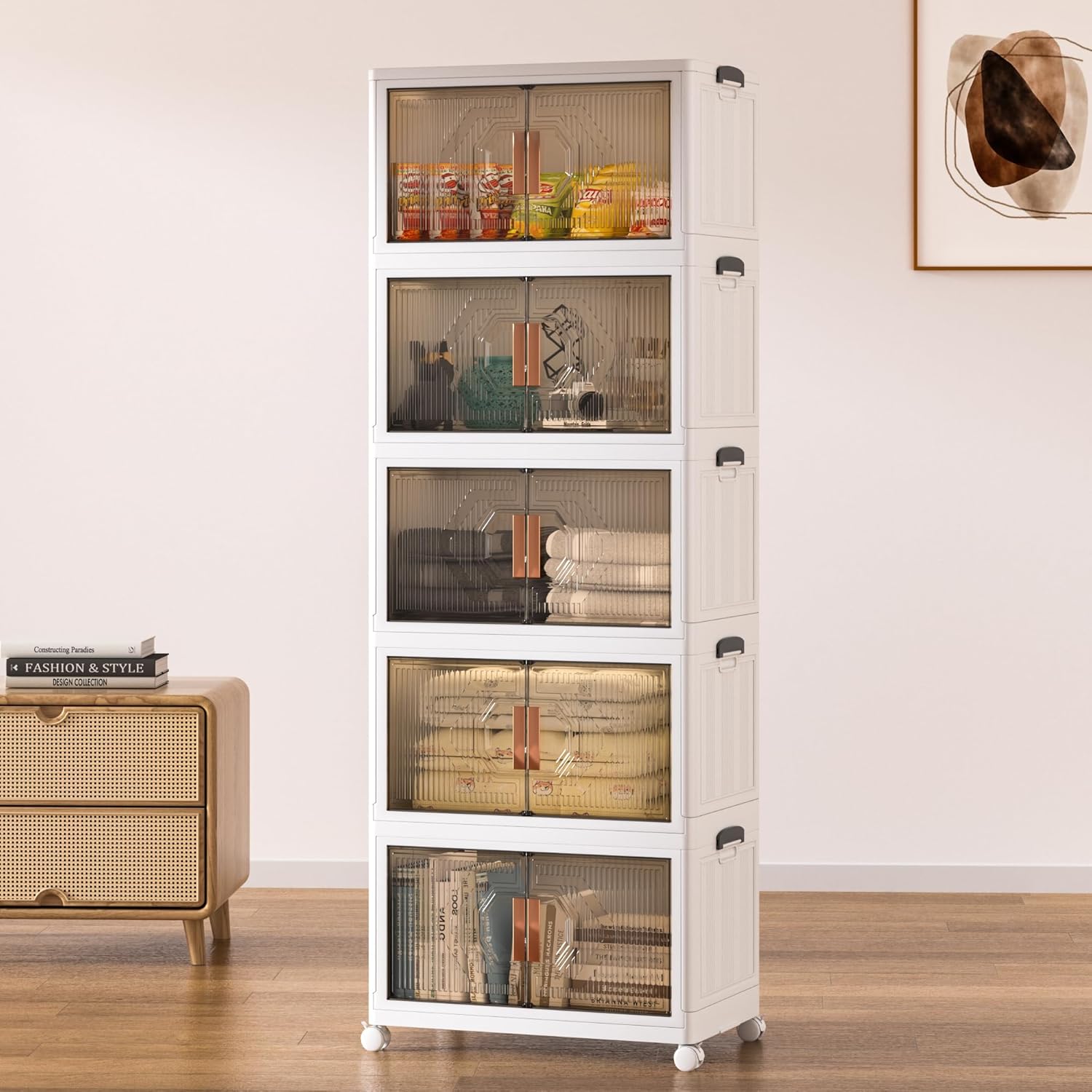 VECELO 16 Gal Stackable Storage Bins with Lid, 3/4/5 Pack Plastic Collapsible Storage Cabinet - VECELO