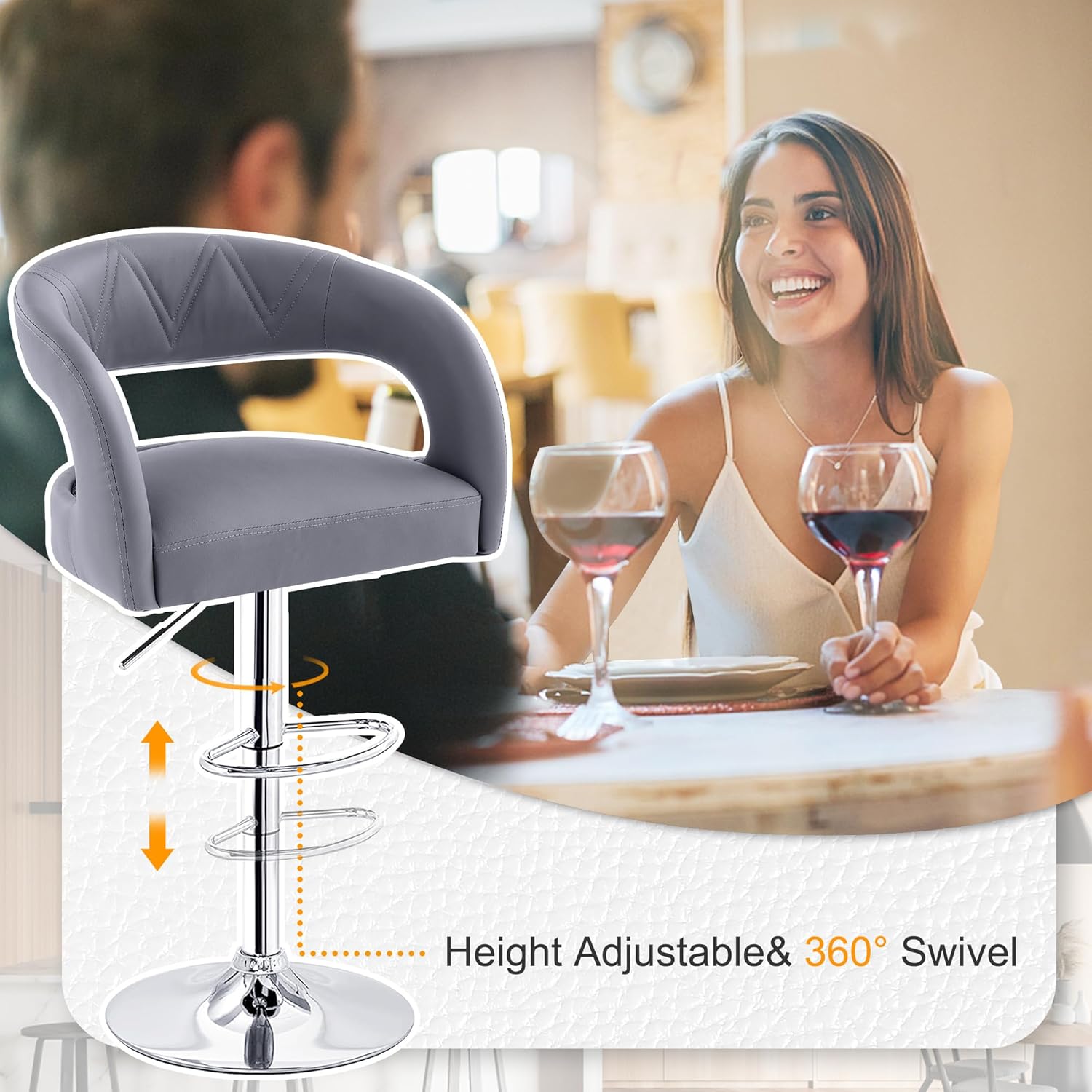 VECELO Bar Stools Set of 2 Adjustable Swivel Modern Pu Leather Barstools - VECELO