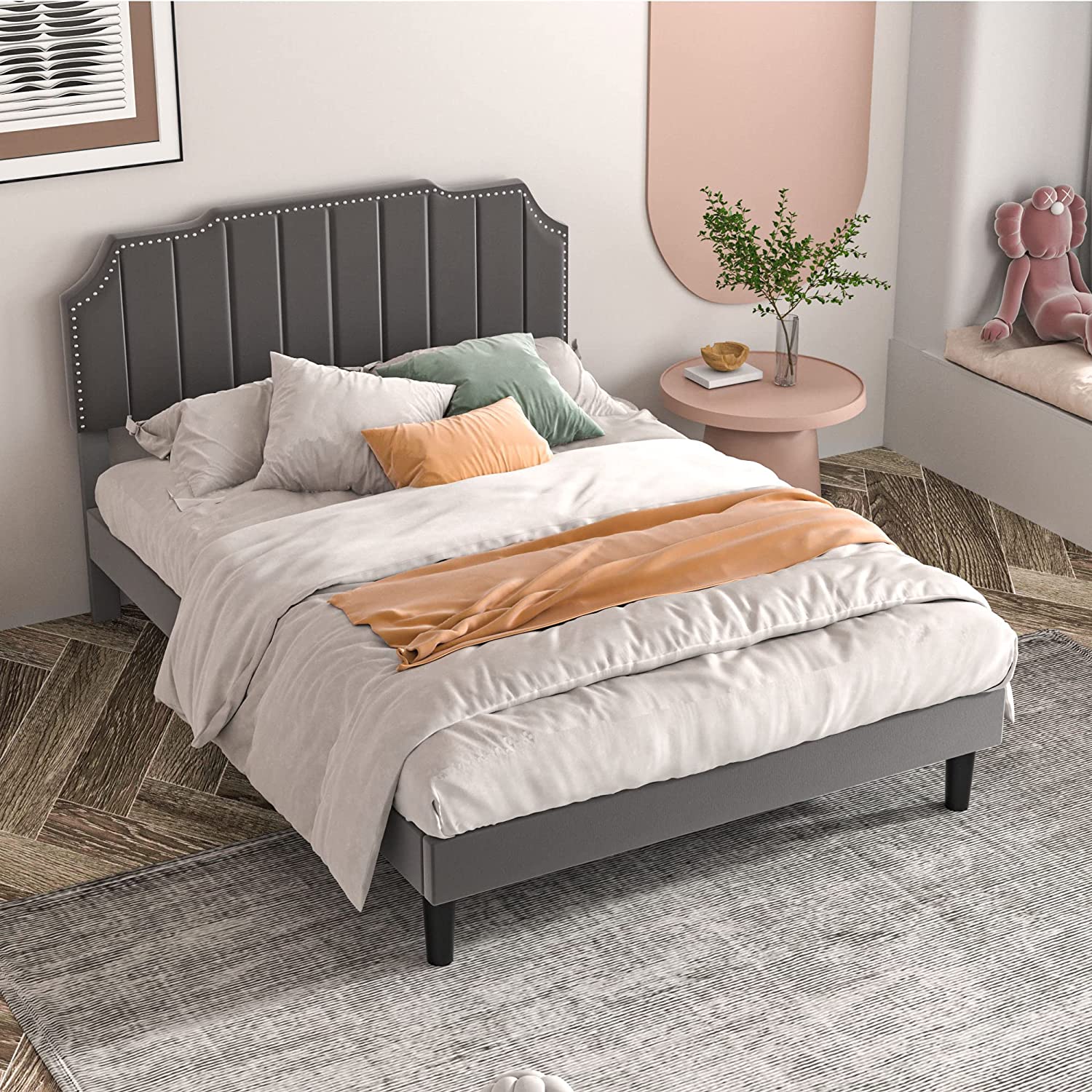 Upholstered Platform Bed Frame with Tufted Adjustable Headboard