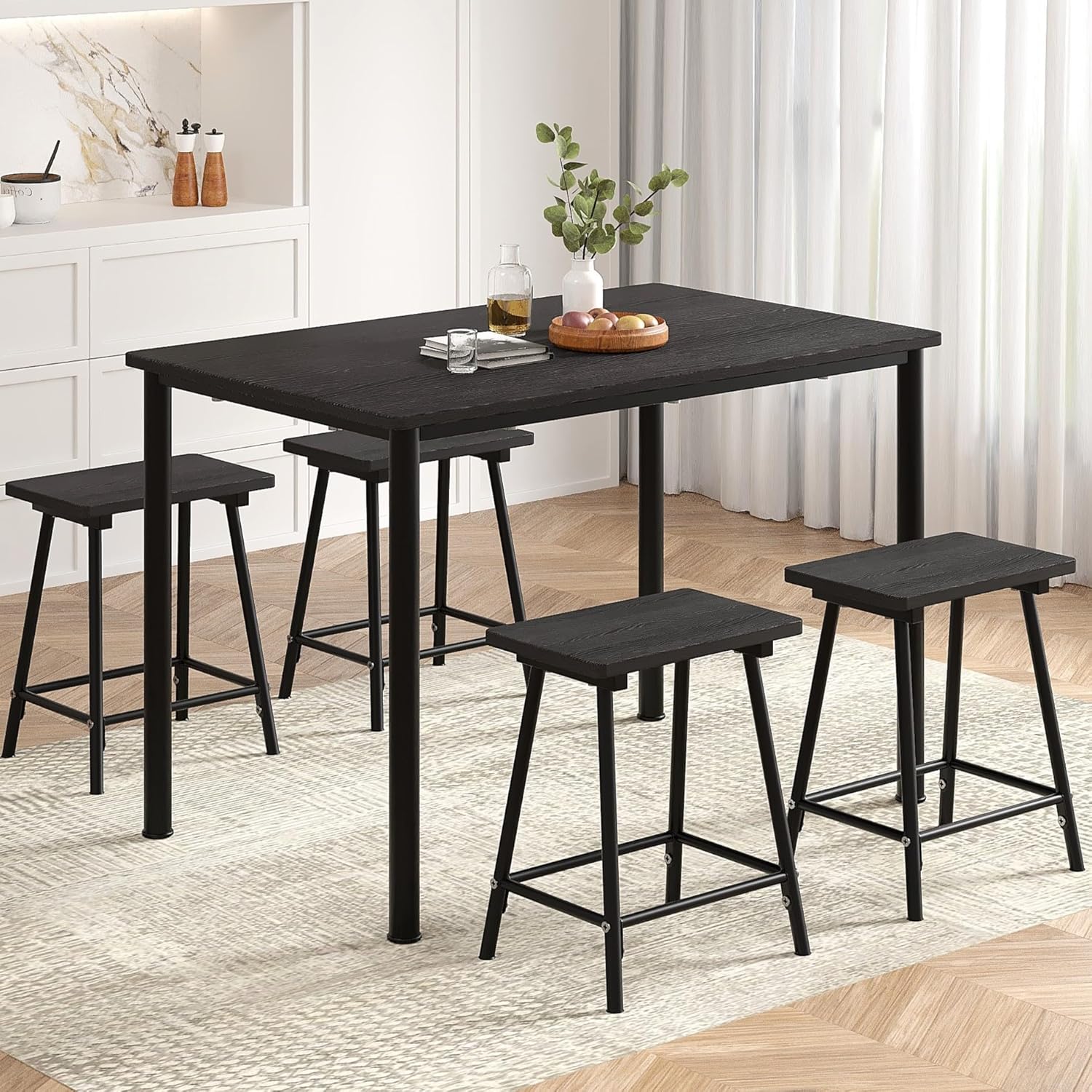 VECELO 5-Piece Dining Table Set Metal and Wood Kitchen Furniture with 4 Stools